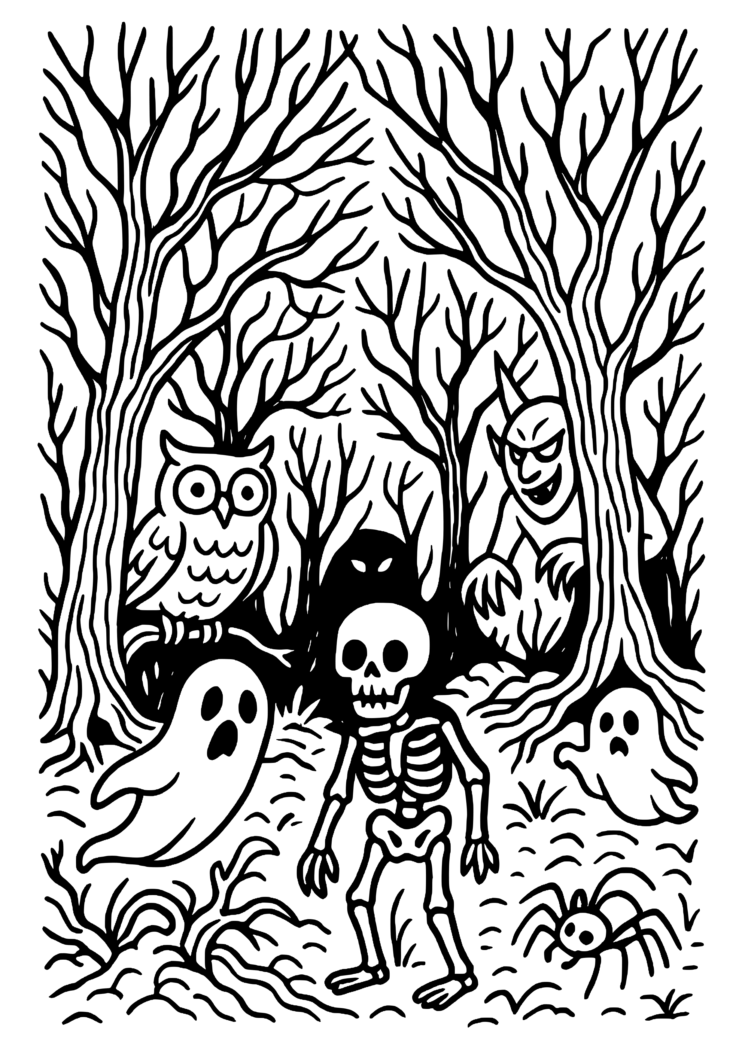 Haunted Forest with Eerie Creatures Coloring Page
