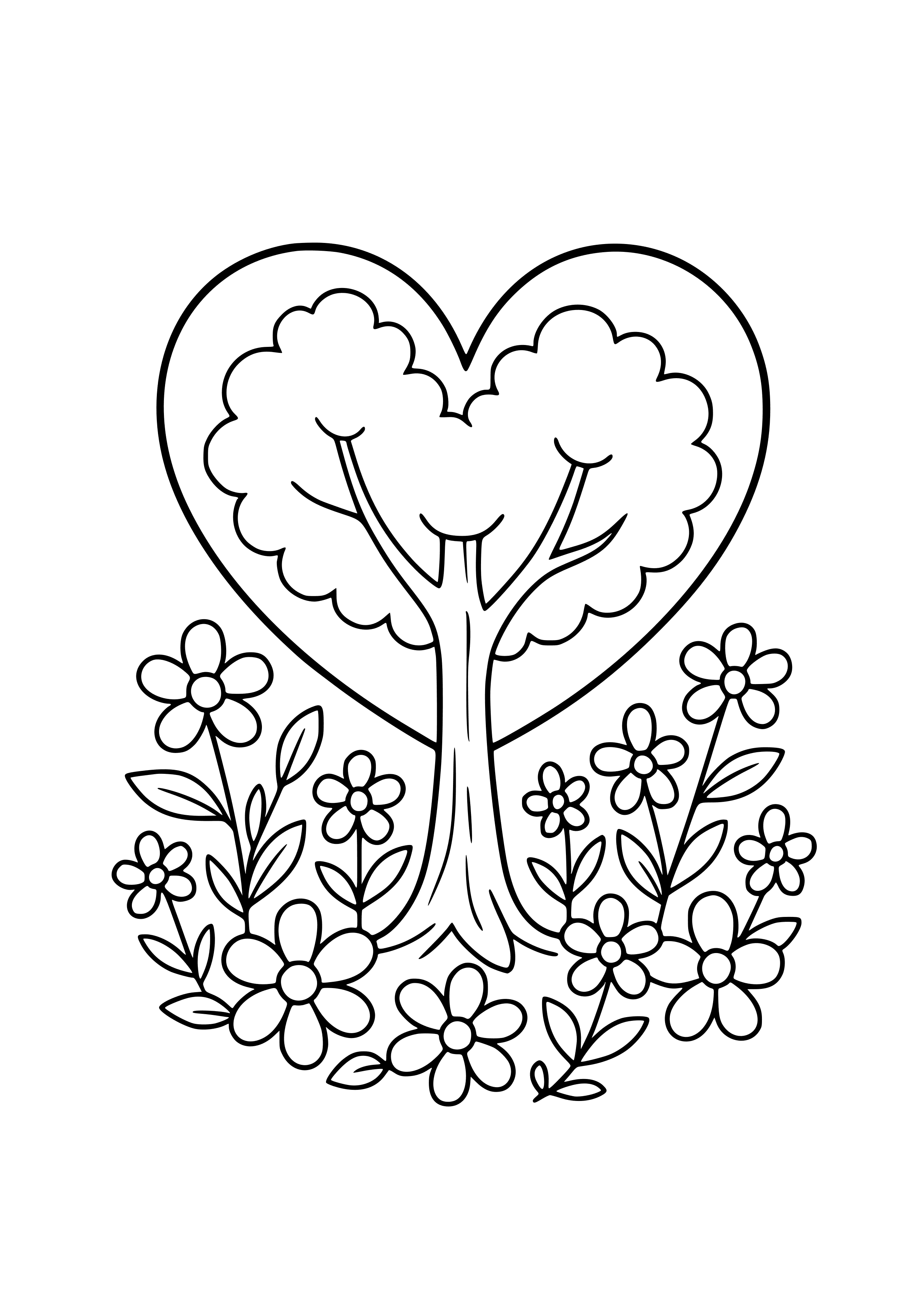 Heart-shaped Tree Surrounded by Flowers Coloring Page