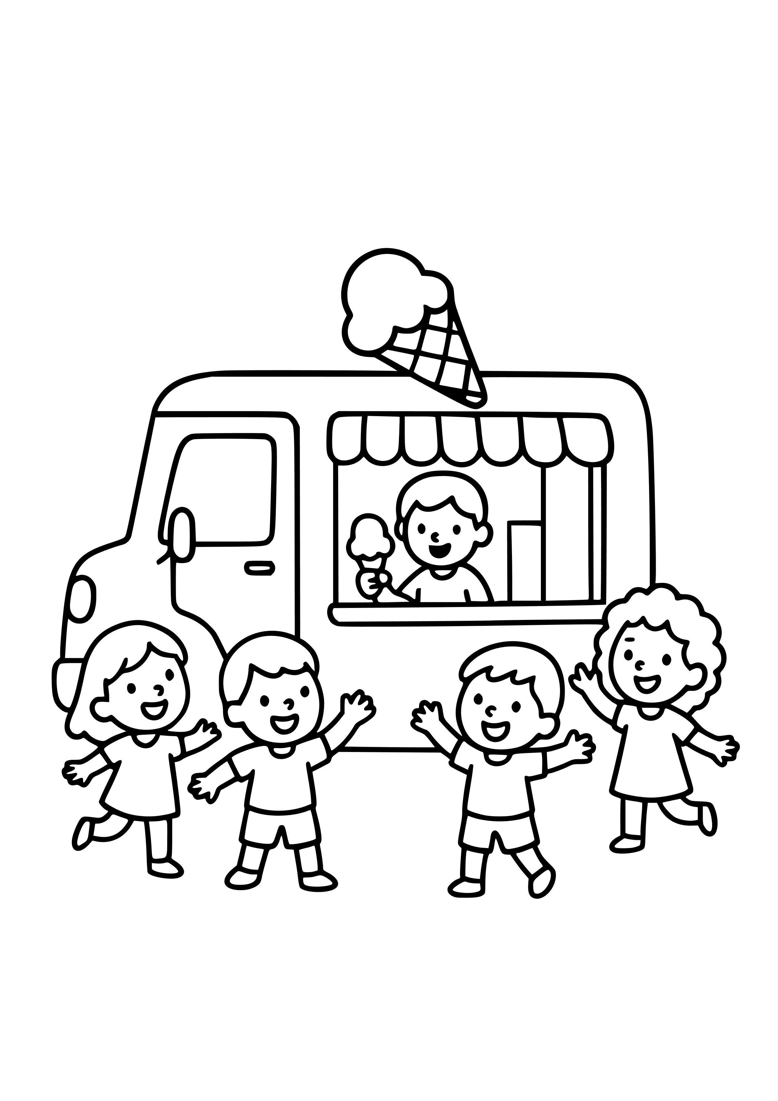 Ice Cream Truck Surrounded by Kids Coloring Page