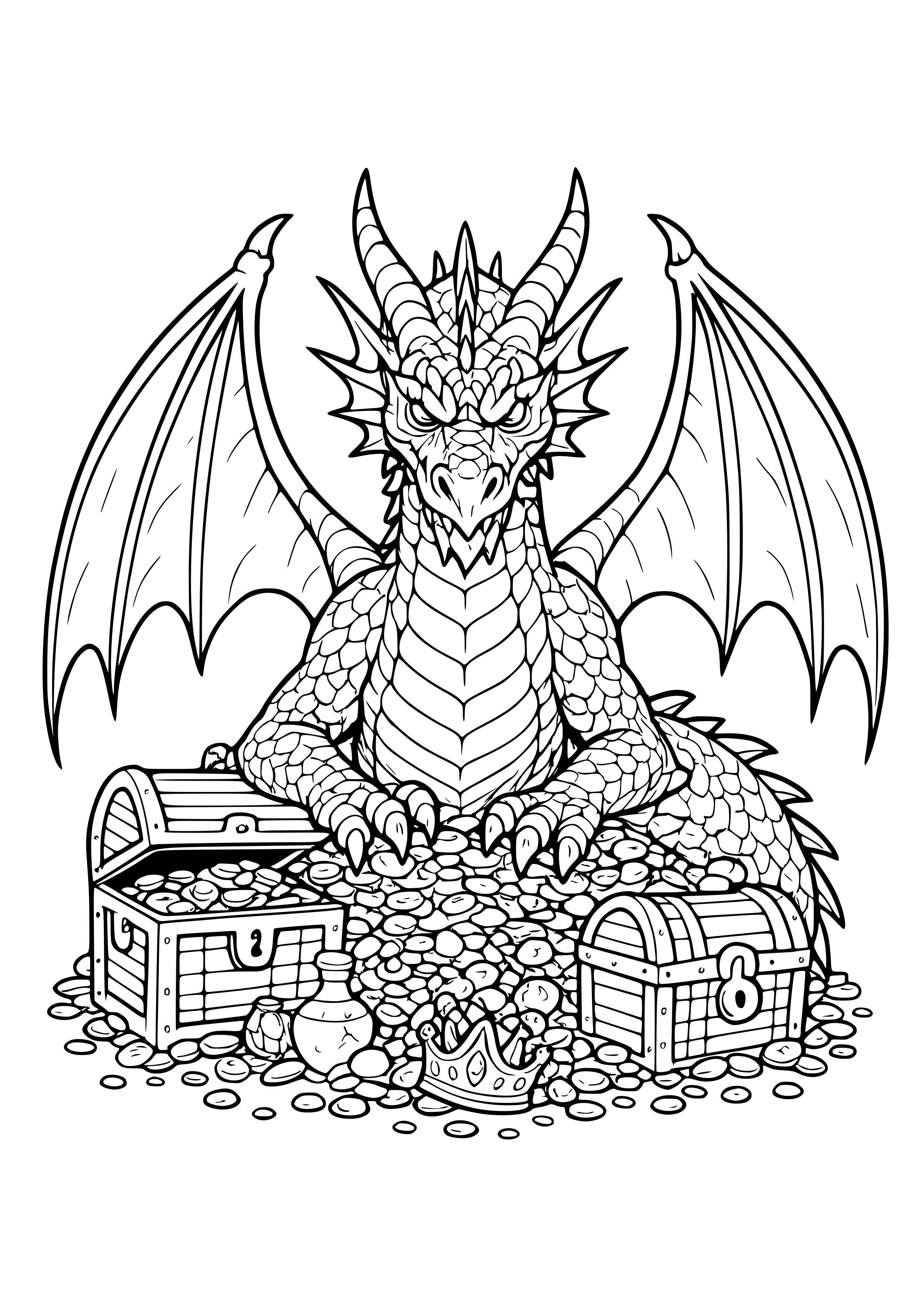Imposing Dragon Guarding a Treasure Coloring Page