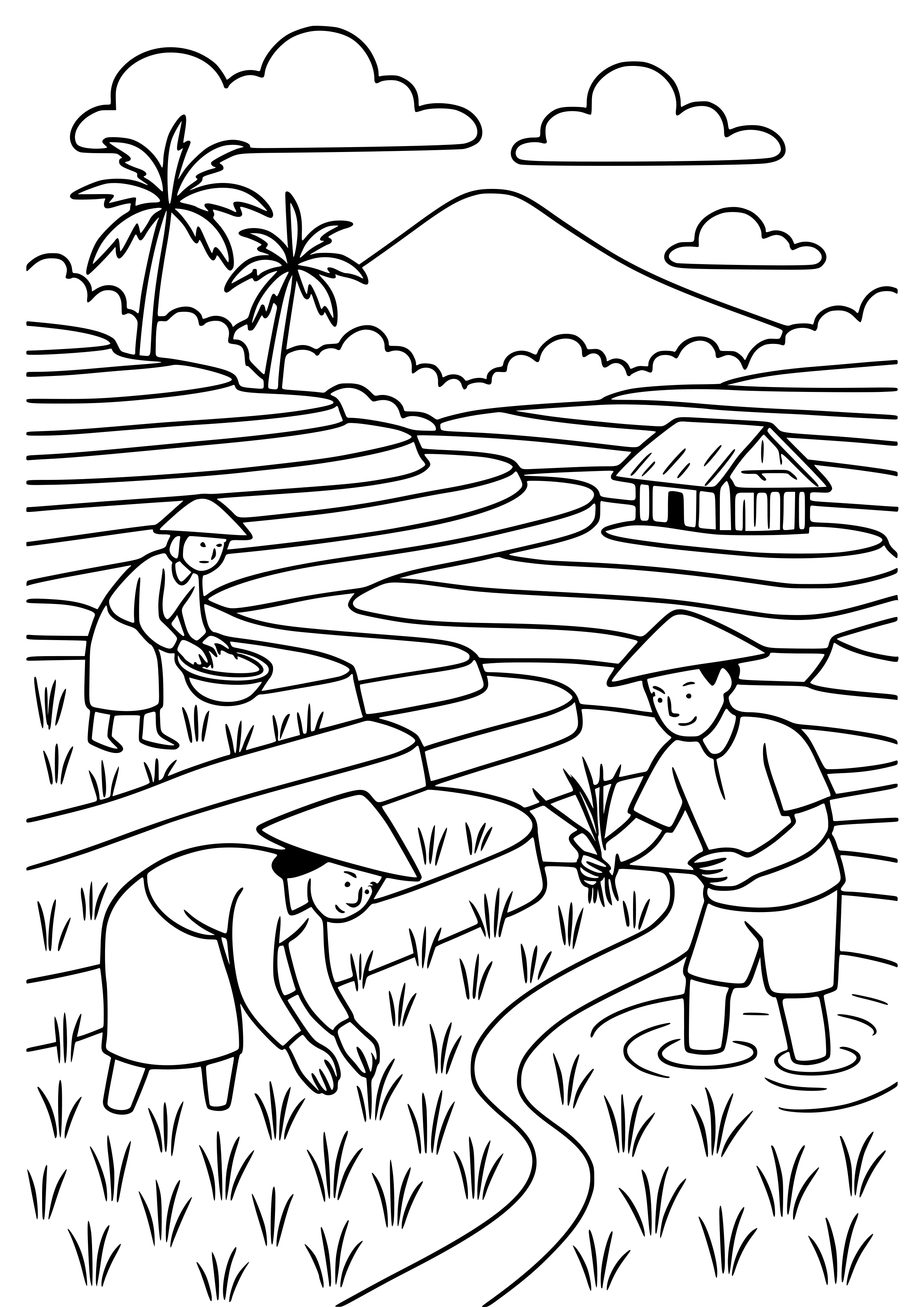 Indonesian Rice Terraces with Farmers Working Coloring Page