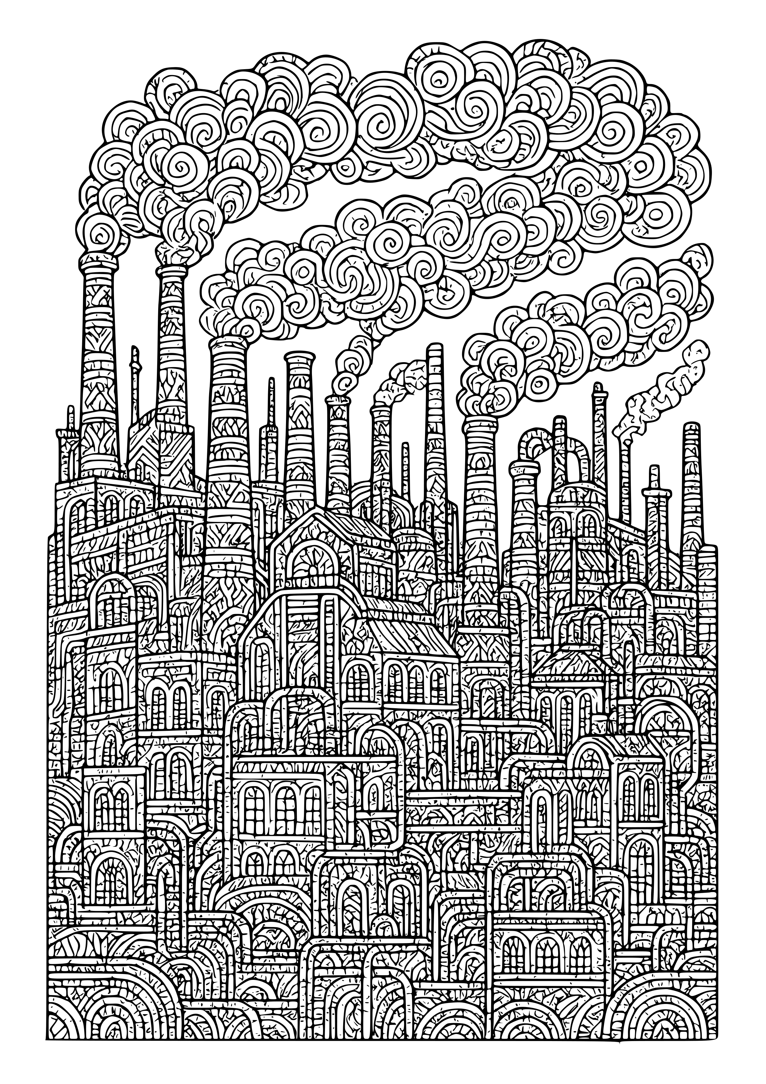 Industrial City with Factories Coloring Page