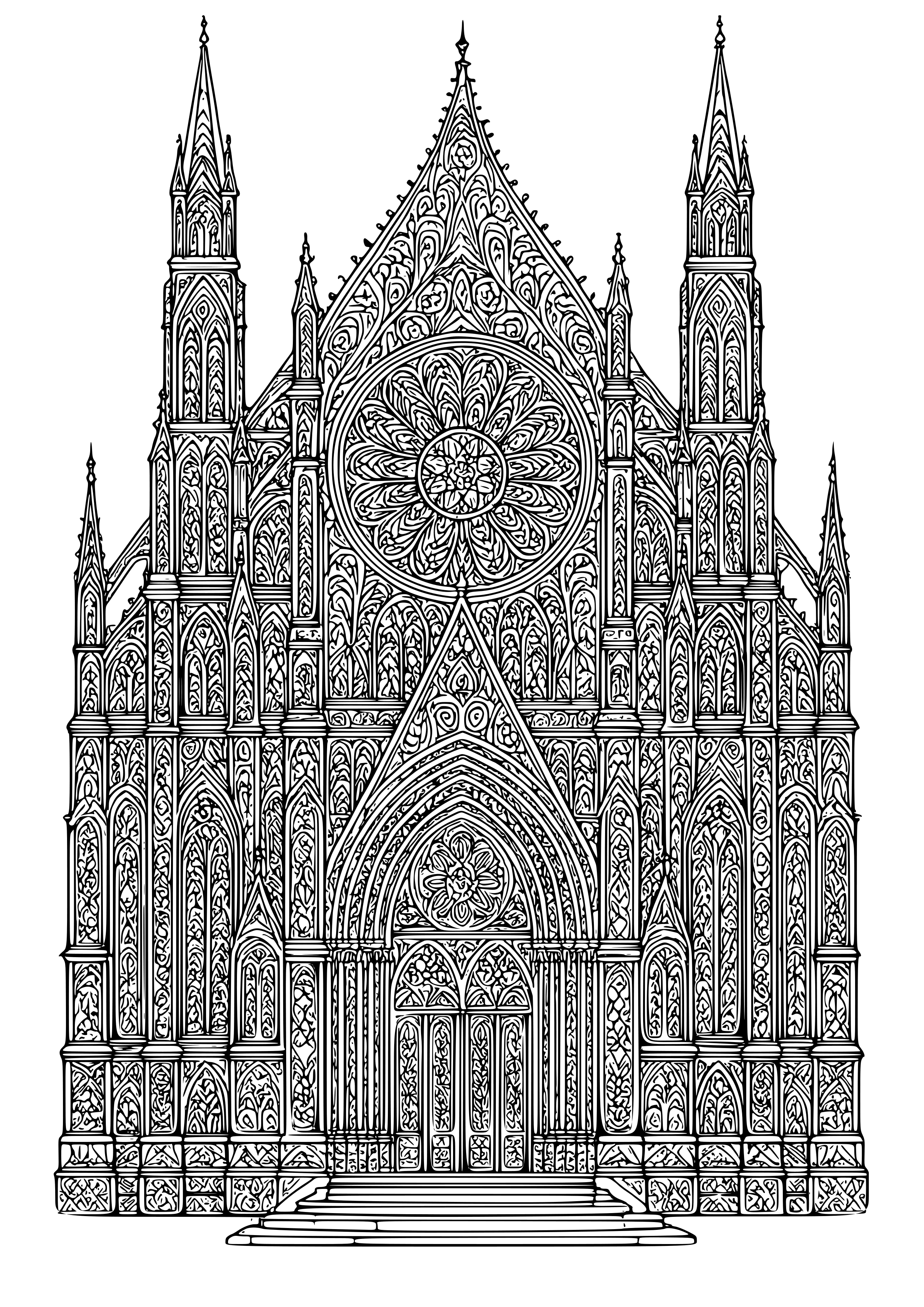 Intricate Gothic Cathedral with Stained Glass Coloring Page
