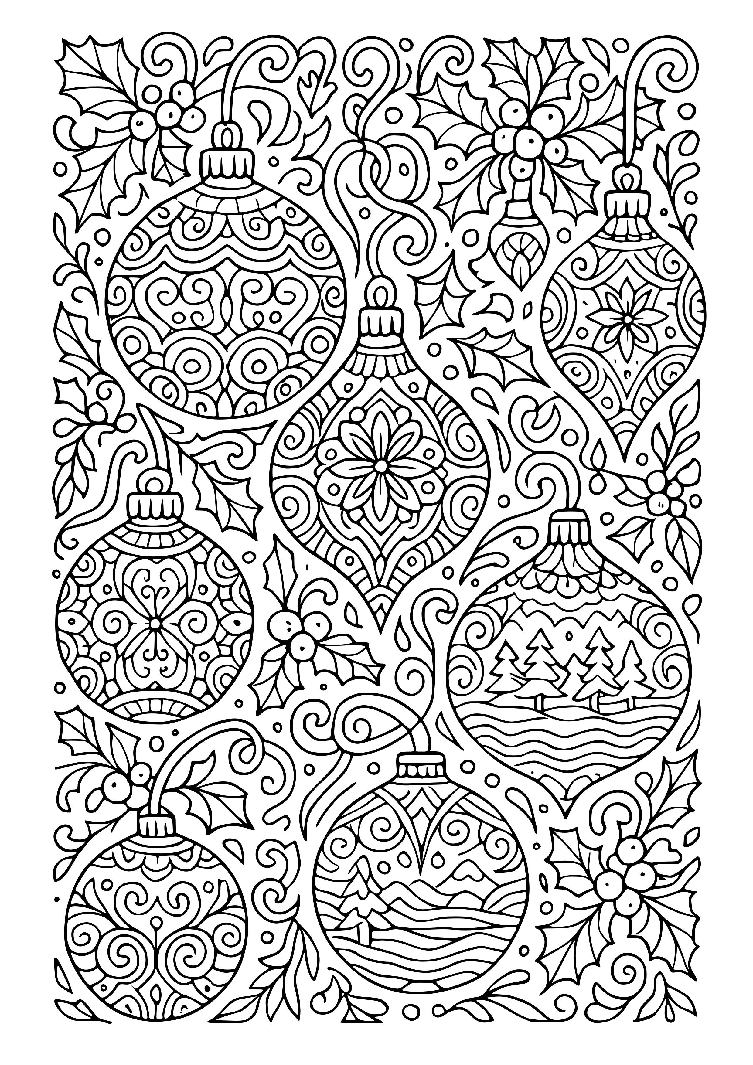 Intricate Holiday Pattern with Ornaments Coloring Page