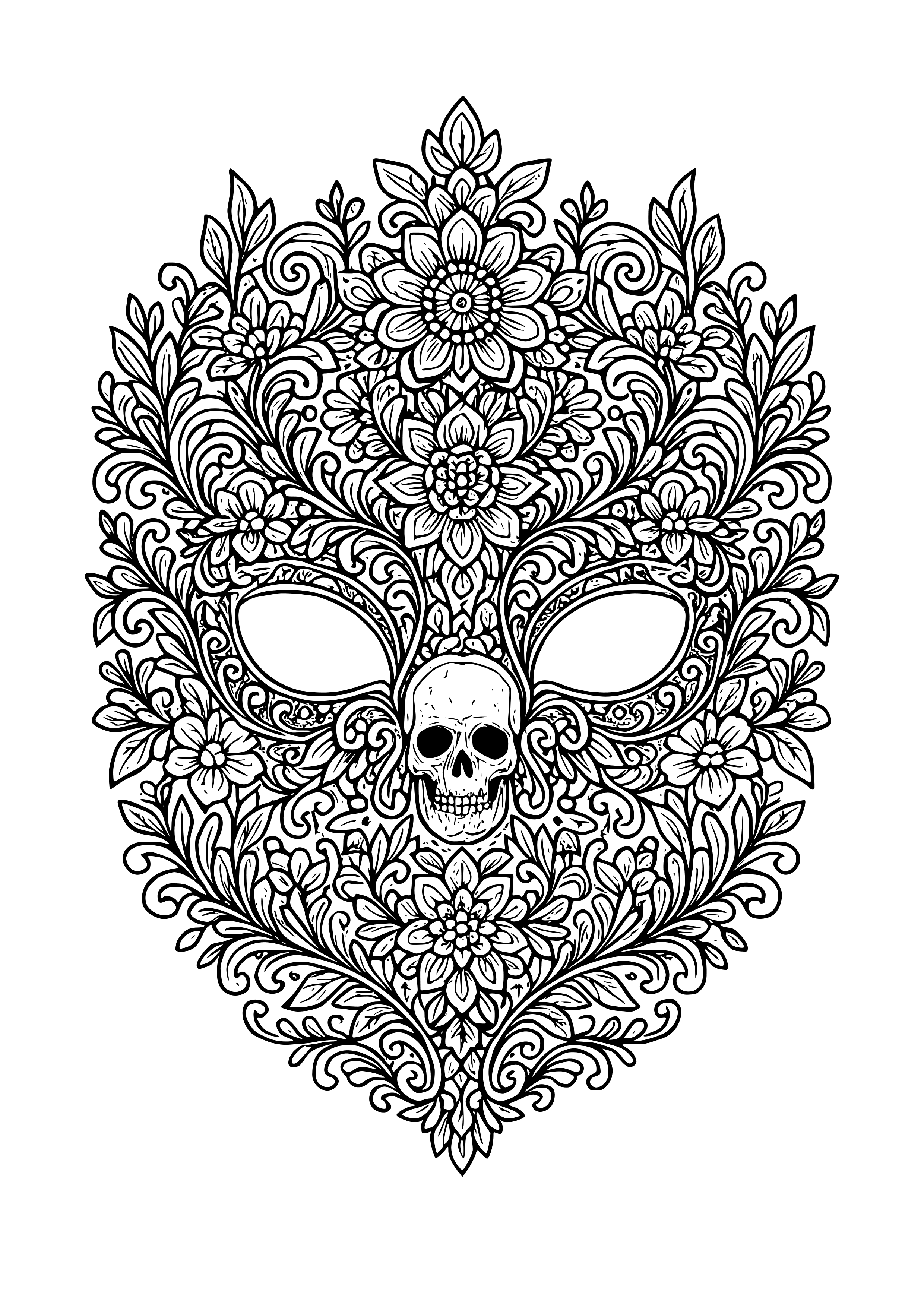 Intricate Mask with Floral and Skull Motifs Coloring Page