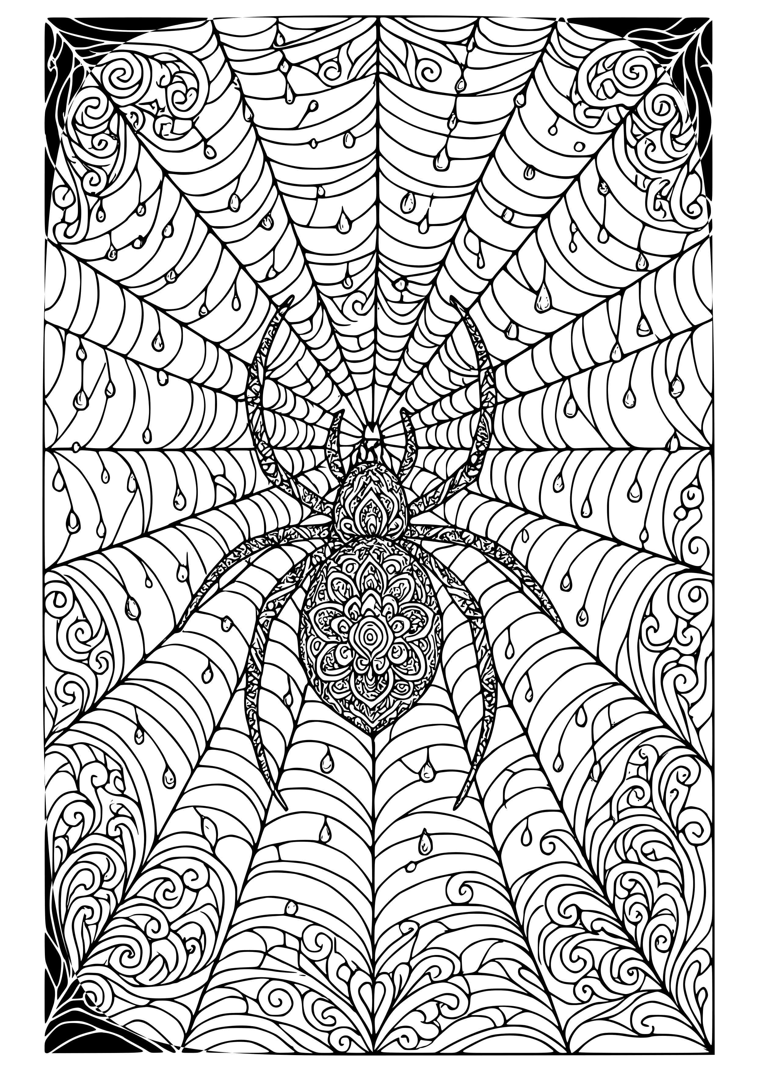 Intricate Spider Web with Dew Drops Coloring Page