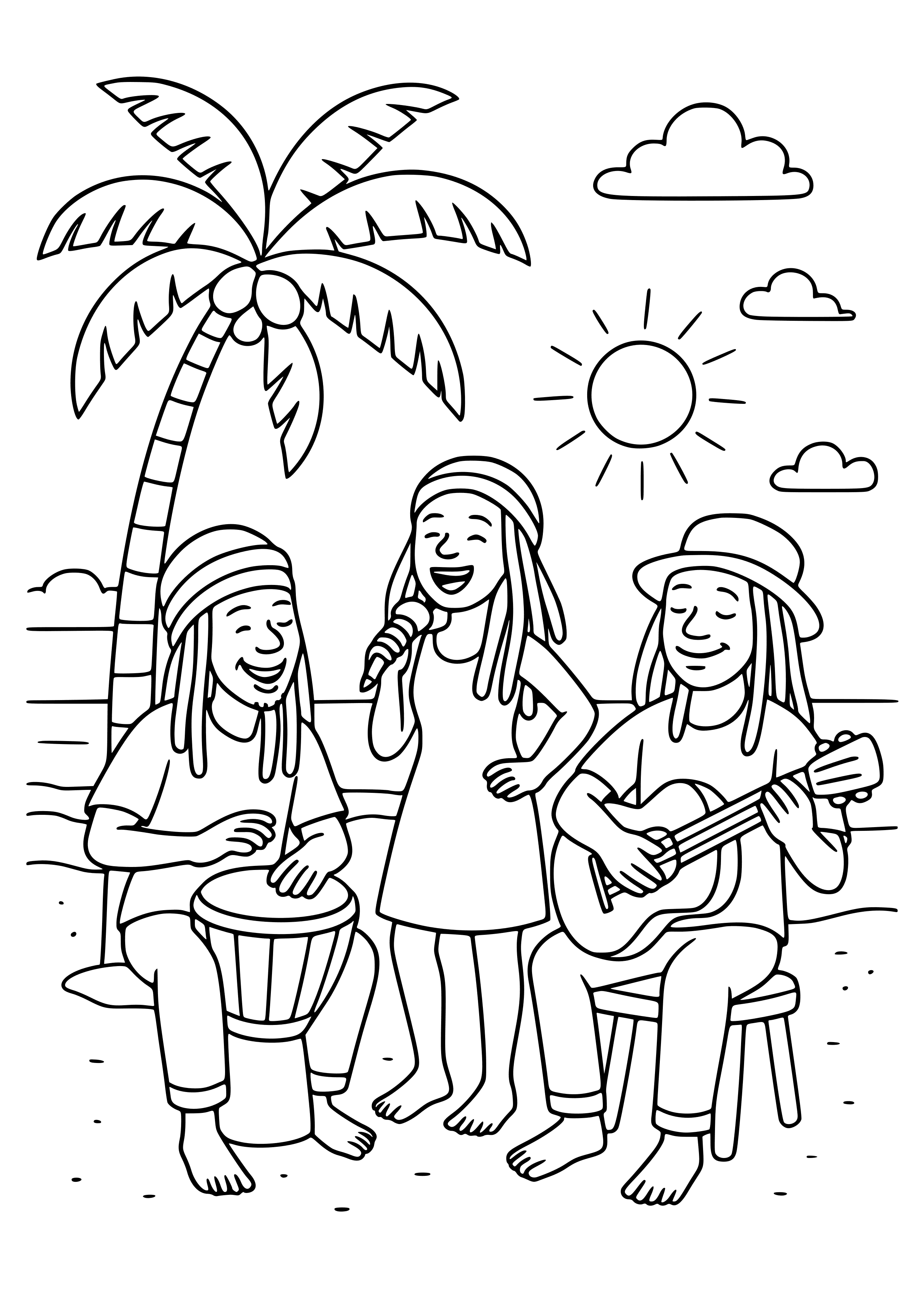 Jamaican Beach Scene with Reggae Musicians Coloring Page