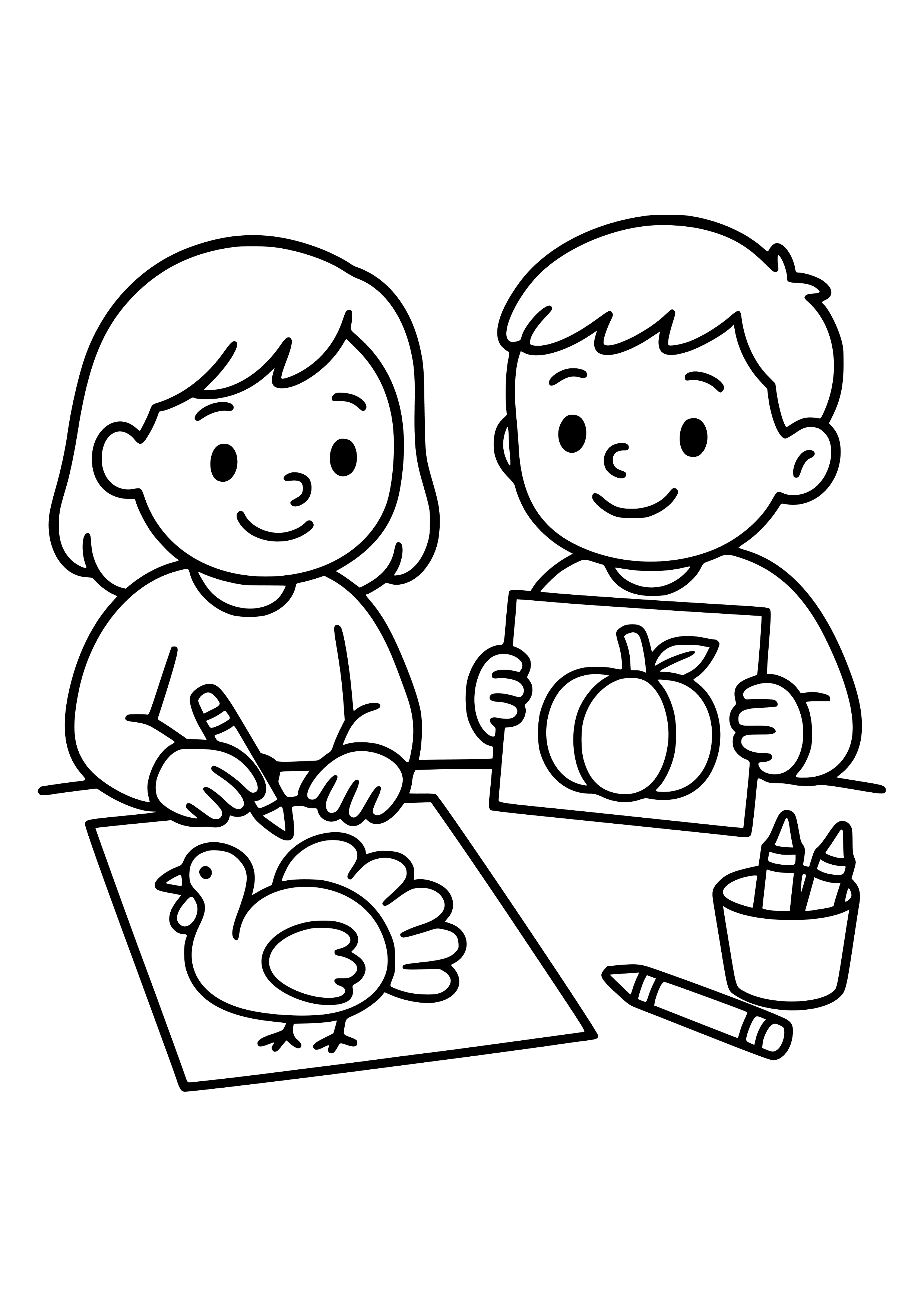 Kids Creating Thanksgiving Cards Coloring Page