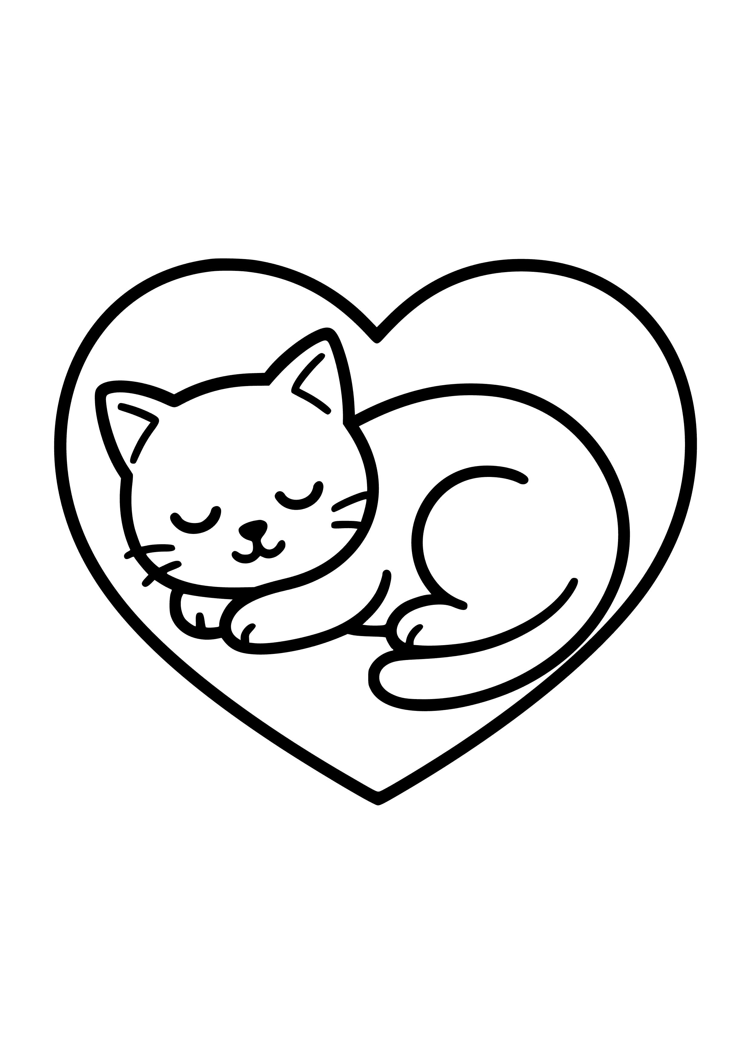 Kitten Sleeping in a Heart-shaped Bed Coloring Page