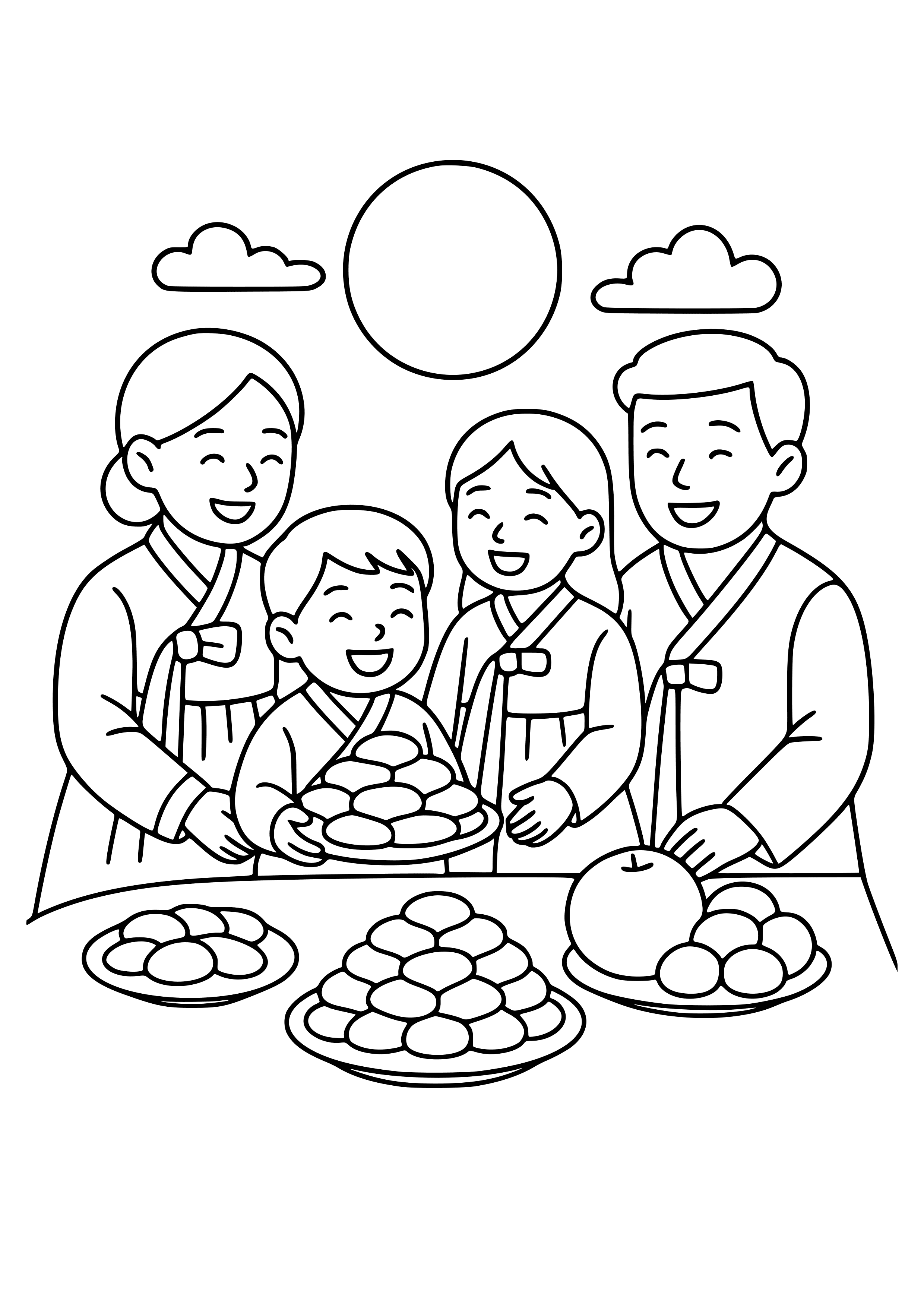 Korean Family Celebrating Chuseok with Rice Cakes Coloring Page