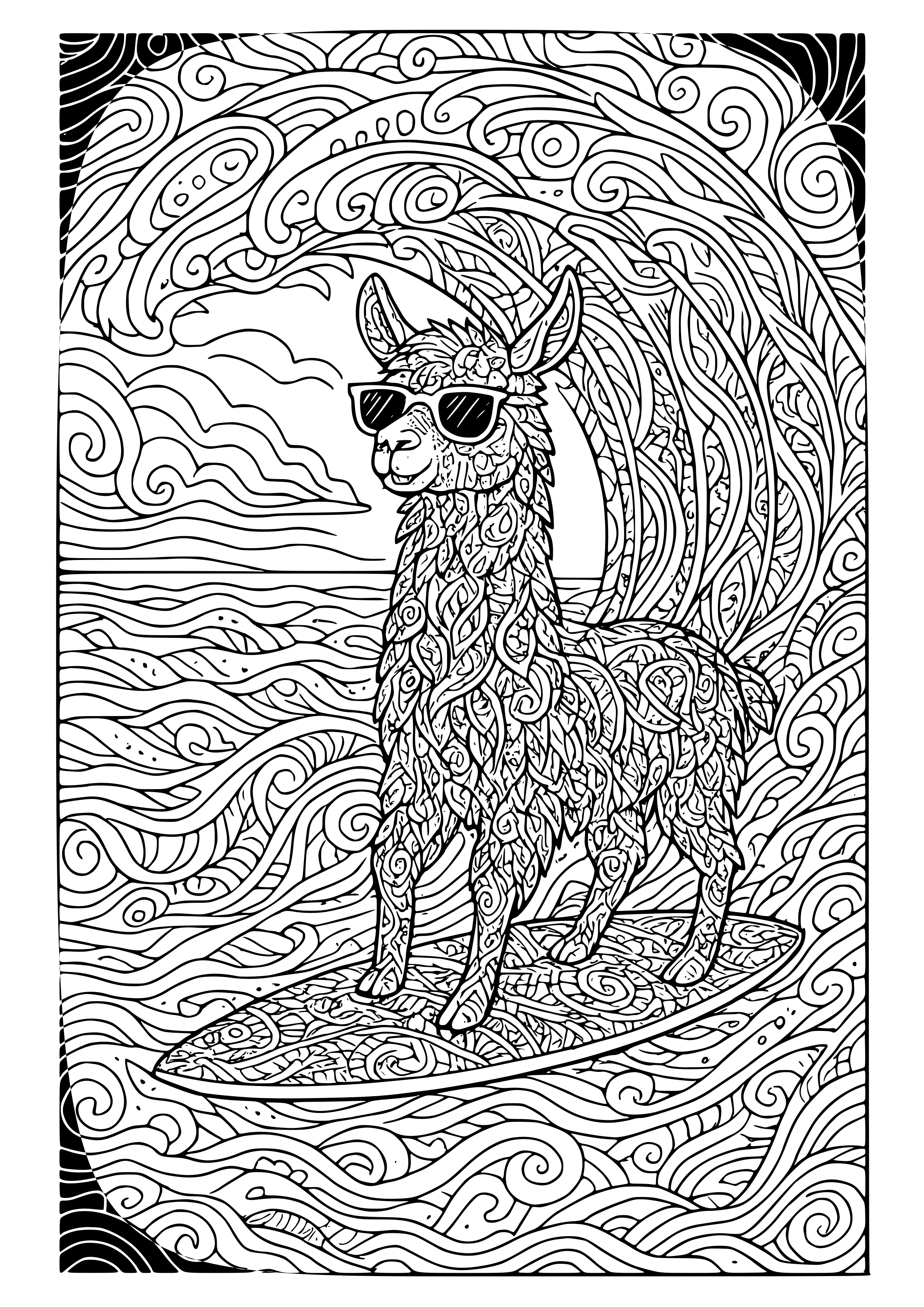 Llama Surfing a Wave with Sunglasses Coloring Page