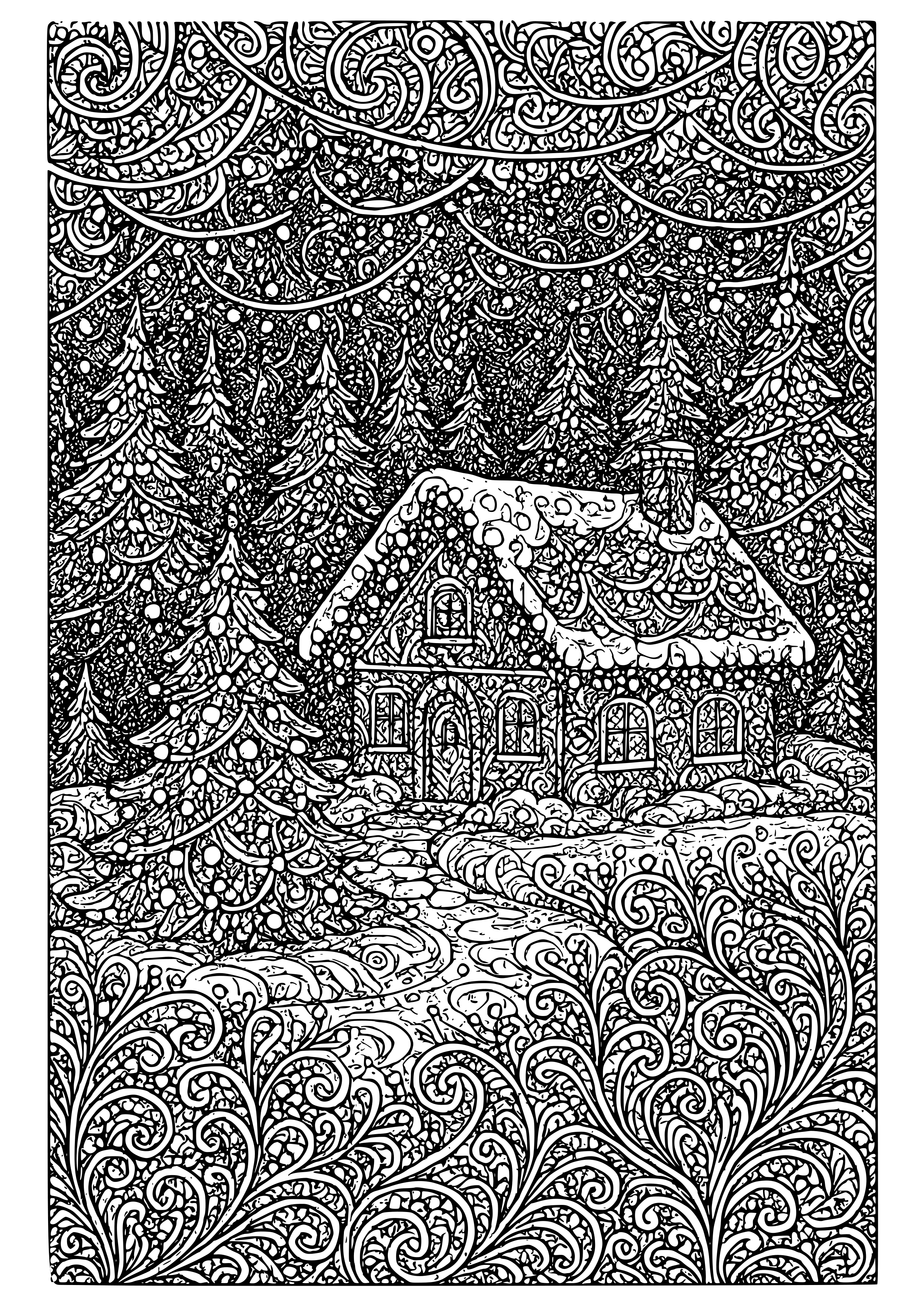 Magical Holiday Landscape with Lights Coloring Page