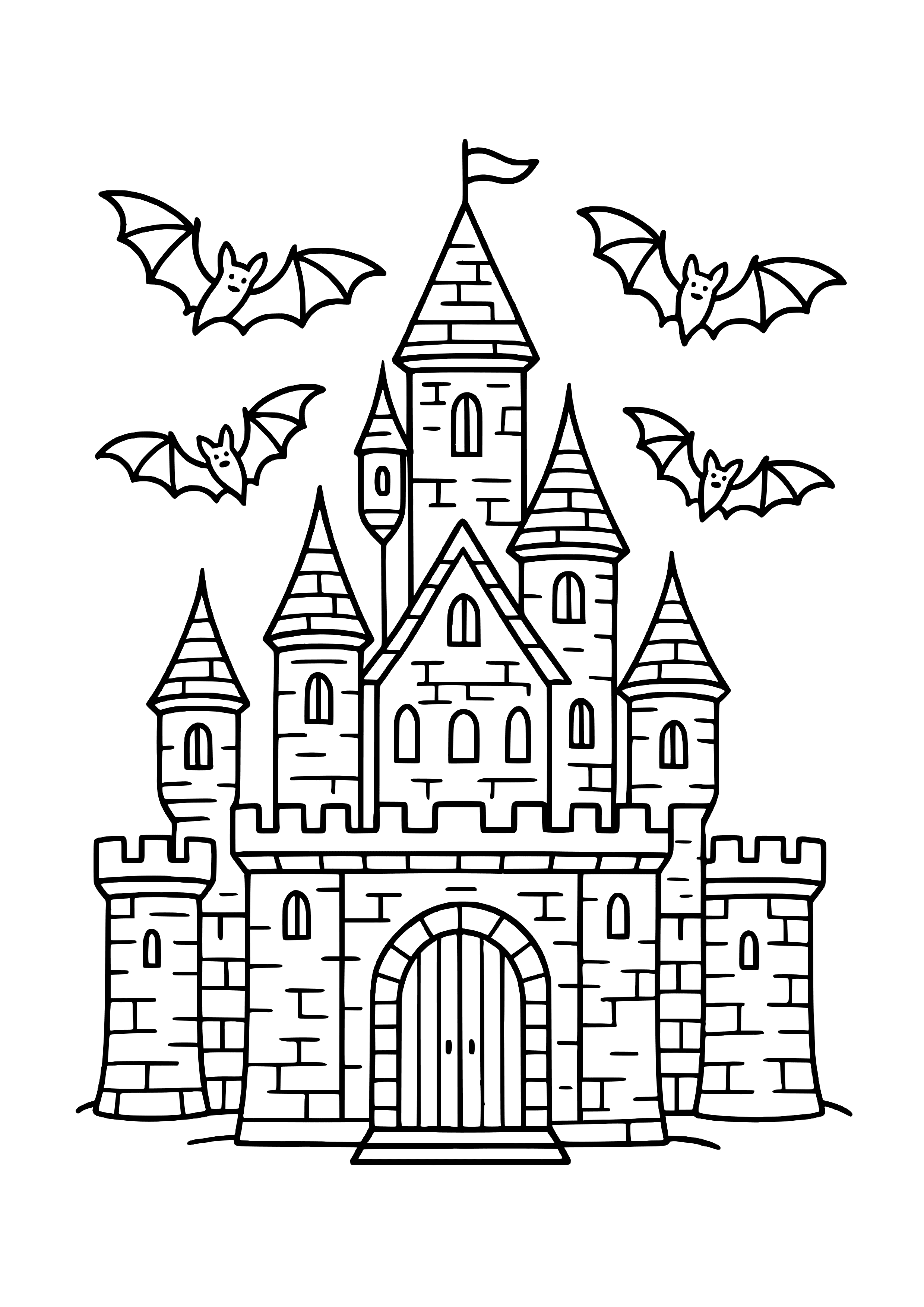 Medieval Castle with Bats Flying Coloring Page