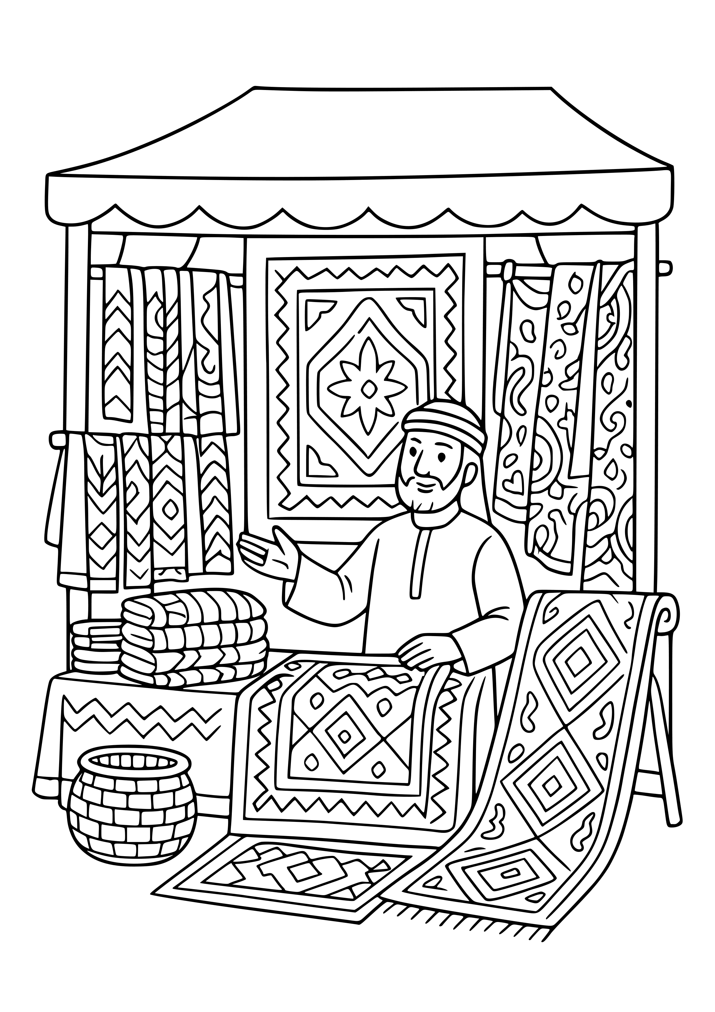 Middle Eastern Market with Colorful Fabrics Coloring Page