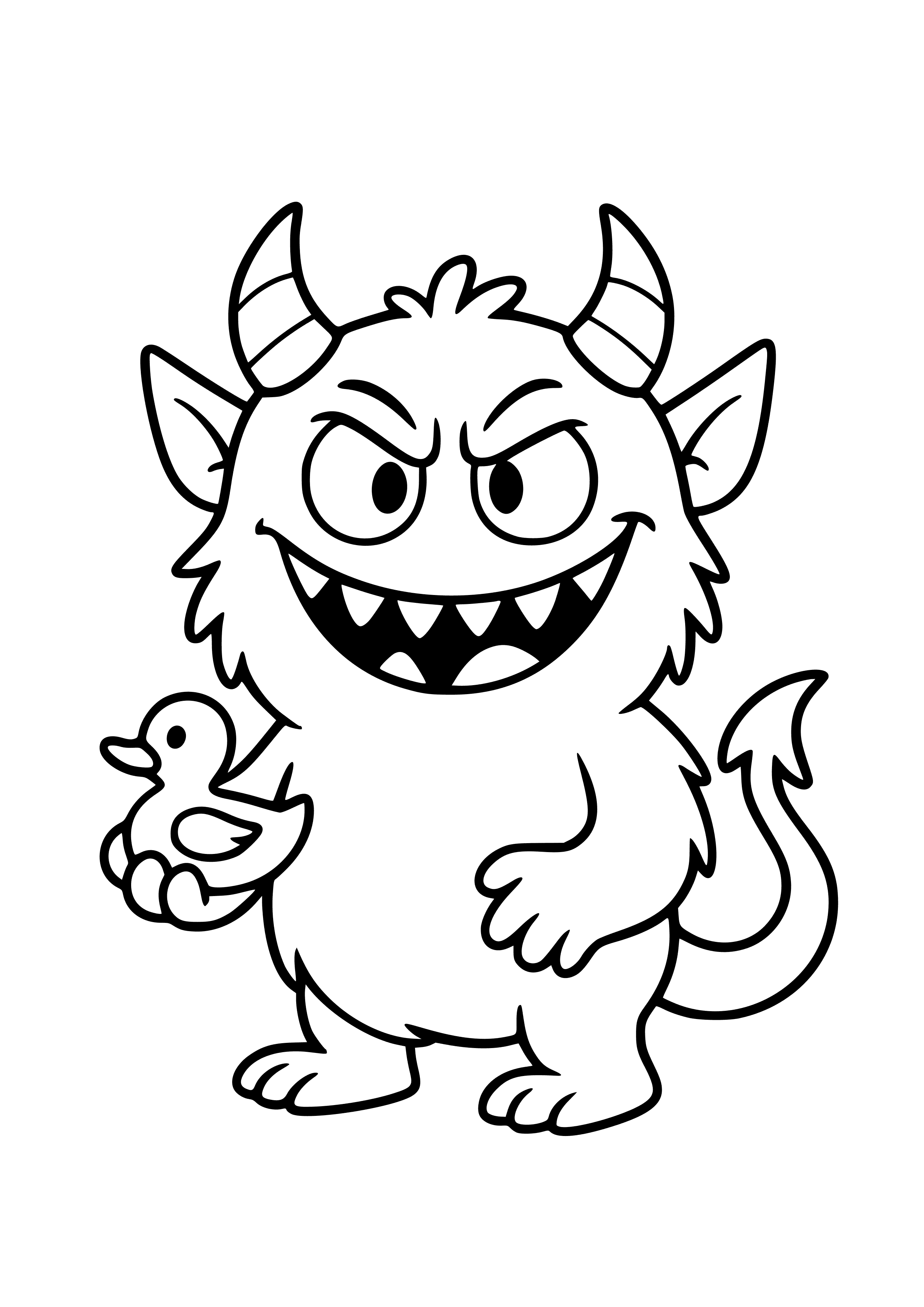 Mischievous Red Monster with a Toy Coloring Page