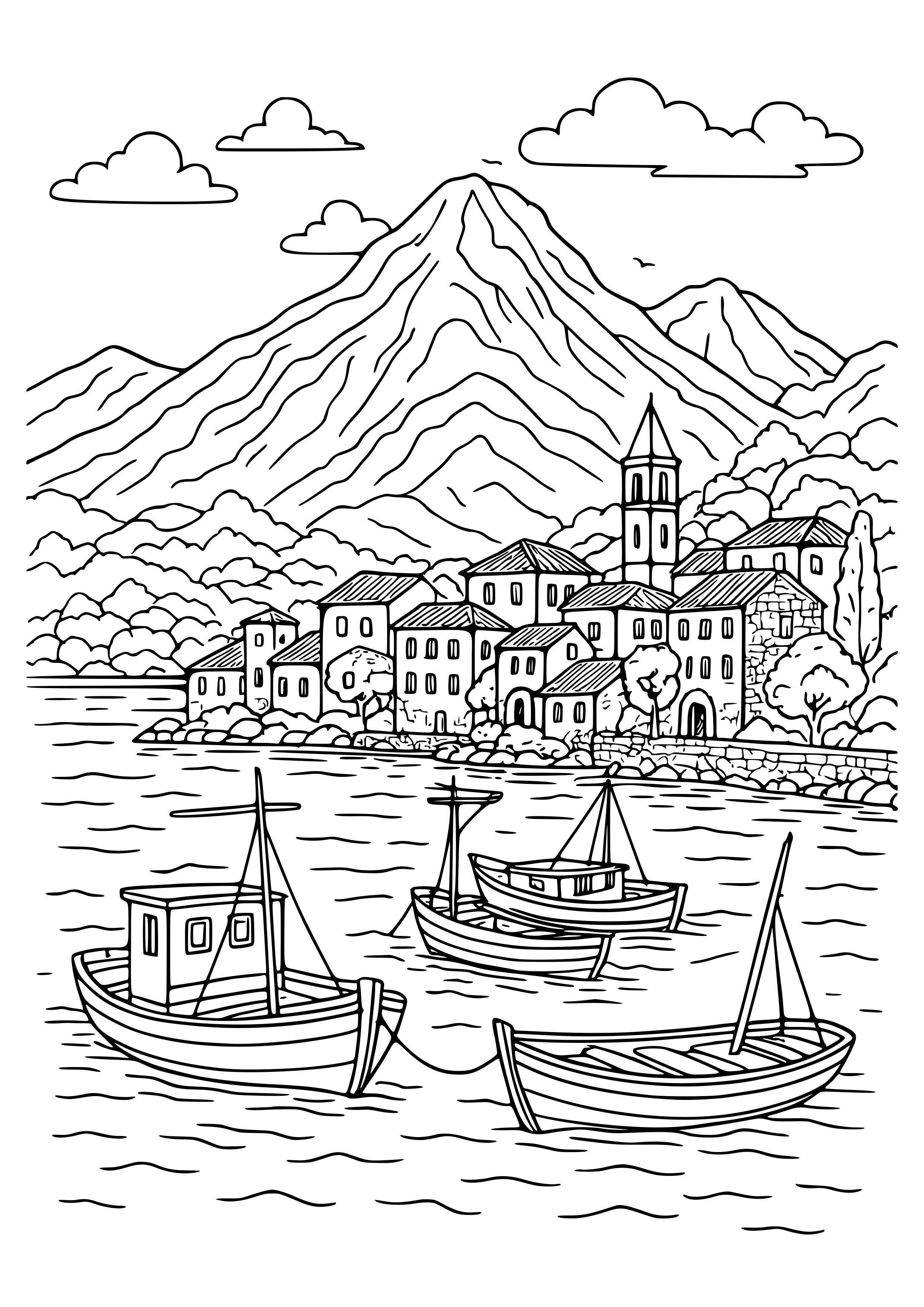 Montenegrin Coastal View with Fishing Boats Coloring Page