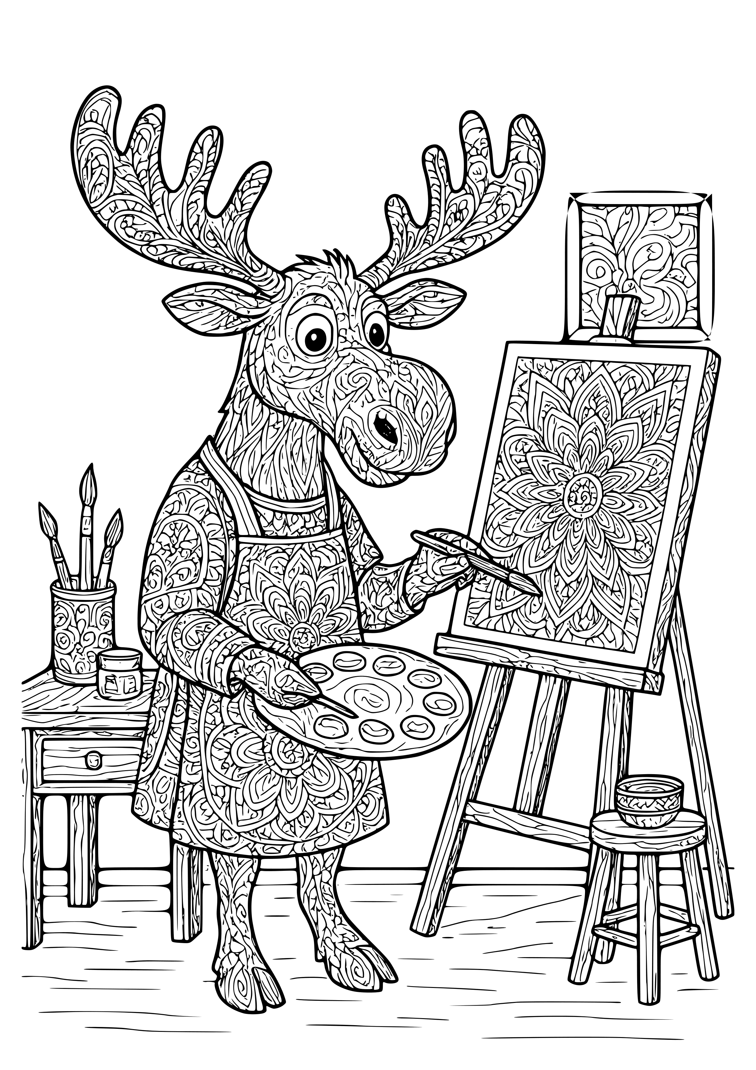 Moose Painting a Masterpiece in an Art Studio Coloring Page