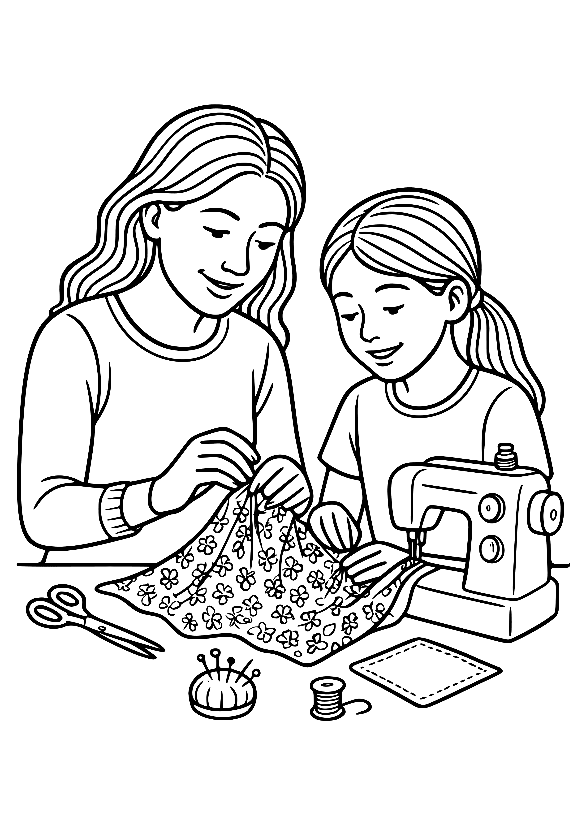Mother and Daughter Sewing Together Coloring Page
