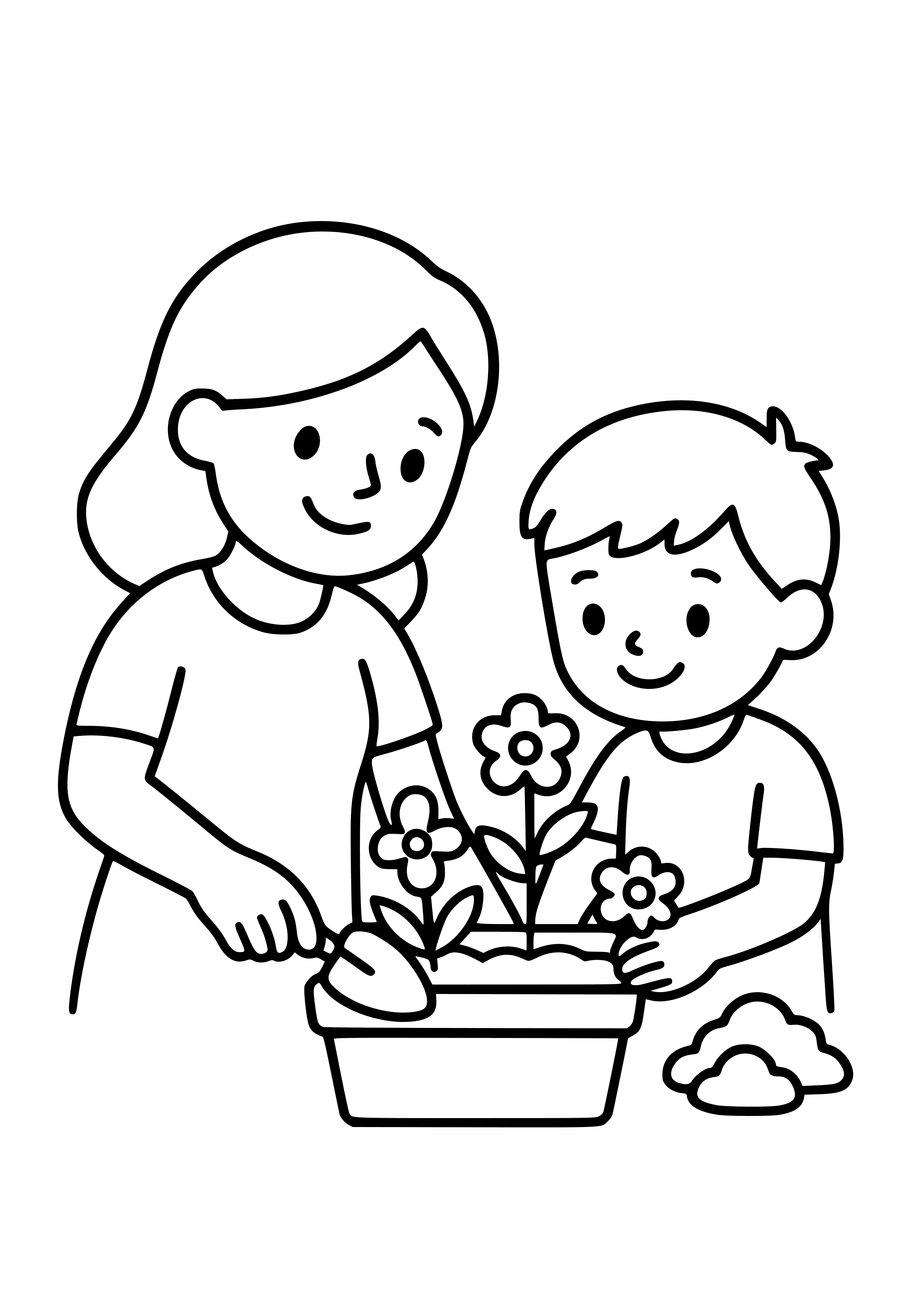 Mother and Son Planting Flowers Coloring Page