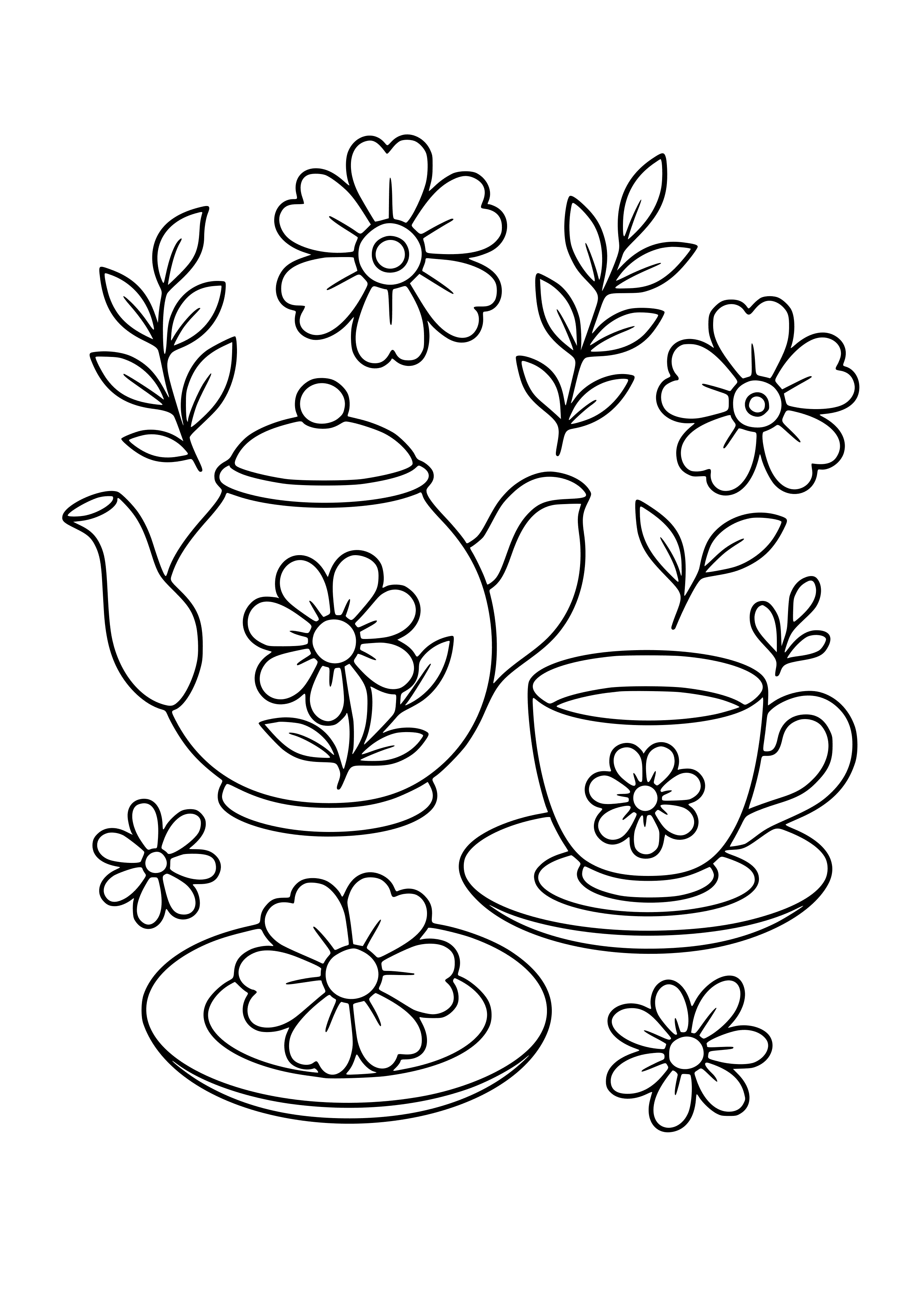 Mother's Day Tea Set with Flowers Coloring Page