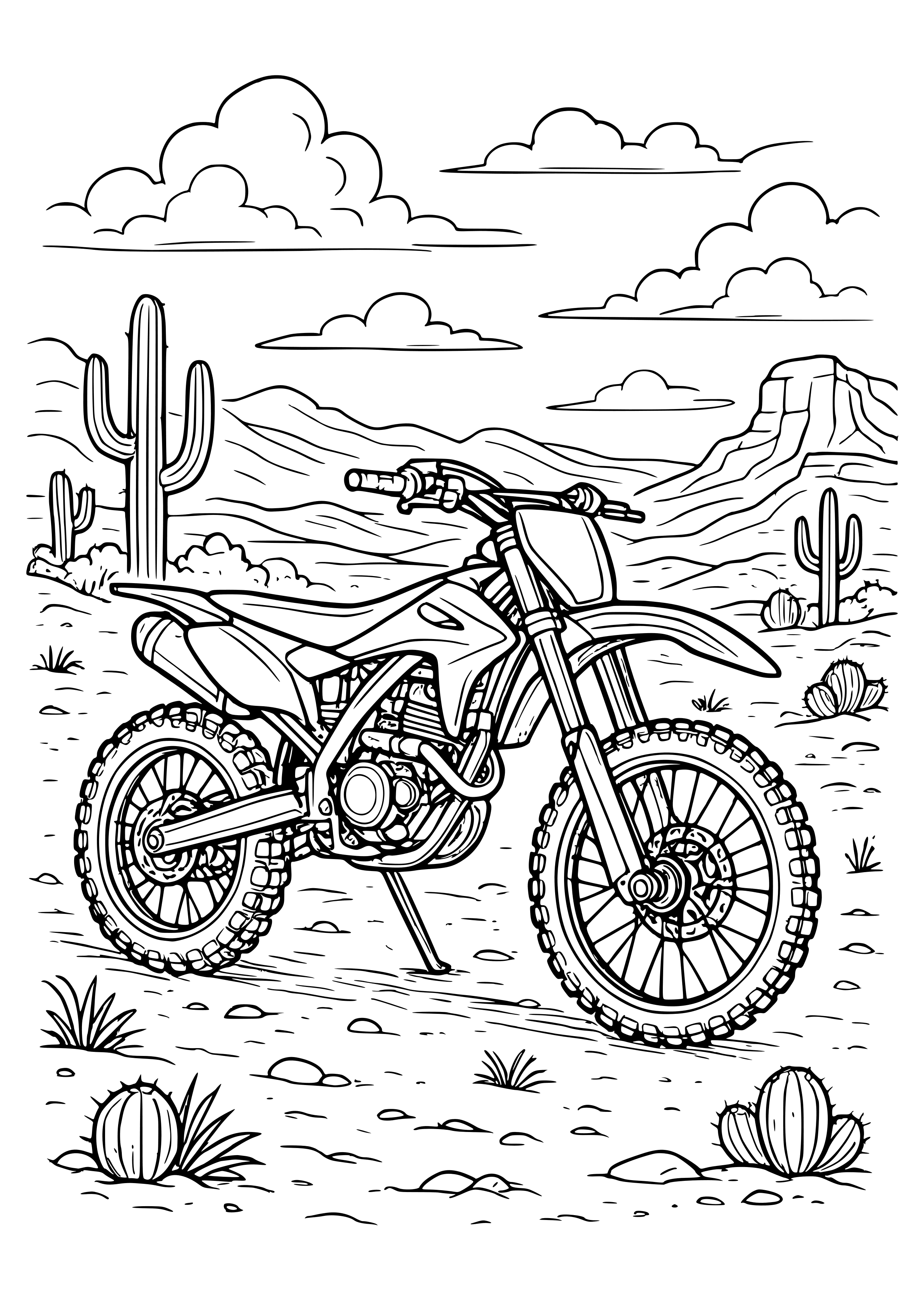 Motorbike in a Desert Landscape Coloring Page