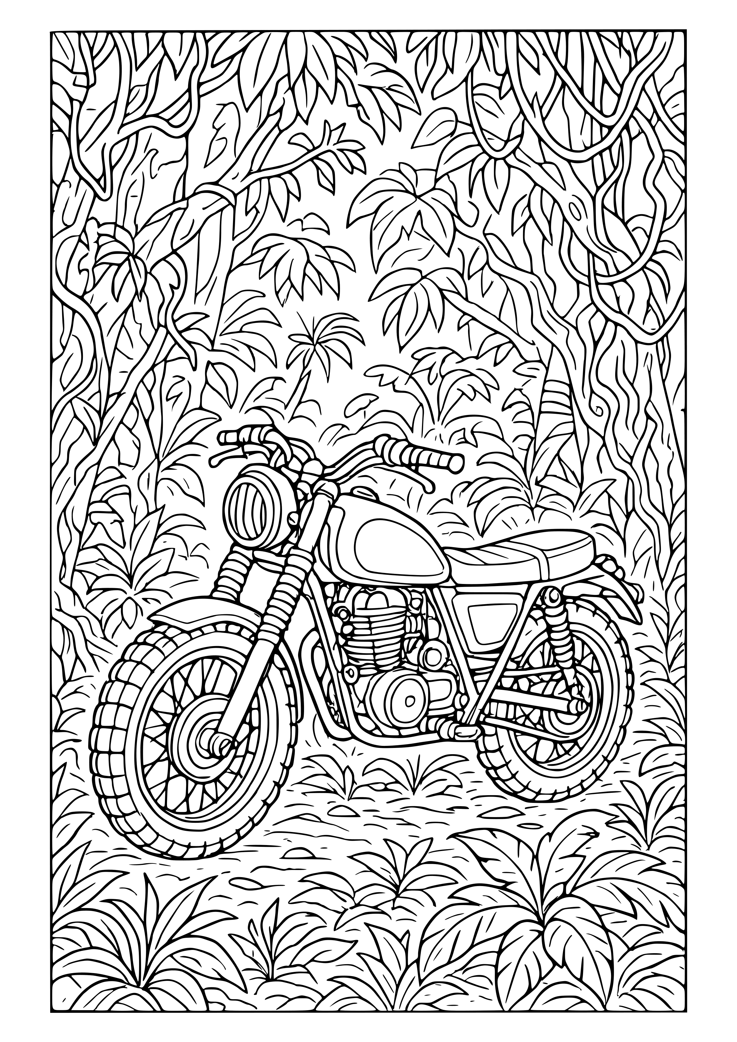 Motorbike in a Fantasy Jungle Coloring Page