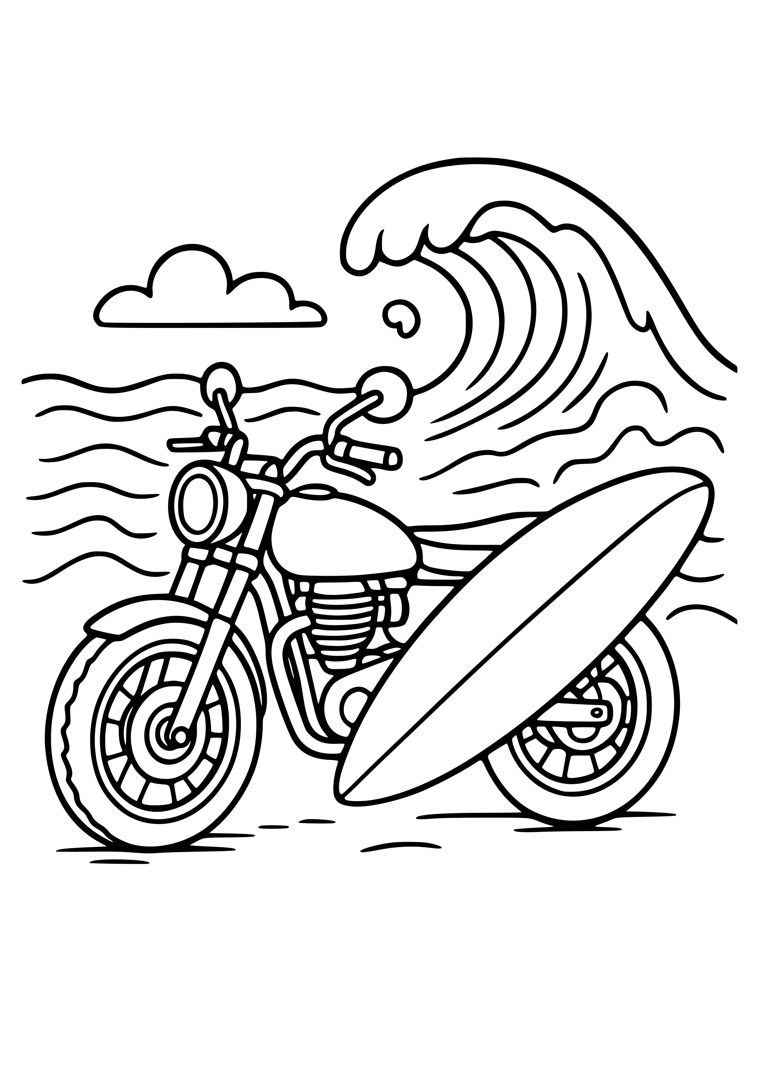 Motorbike with a Surfboard and Waves Coloring Page