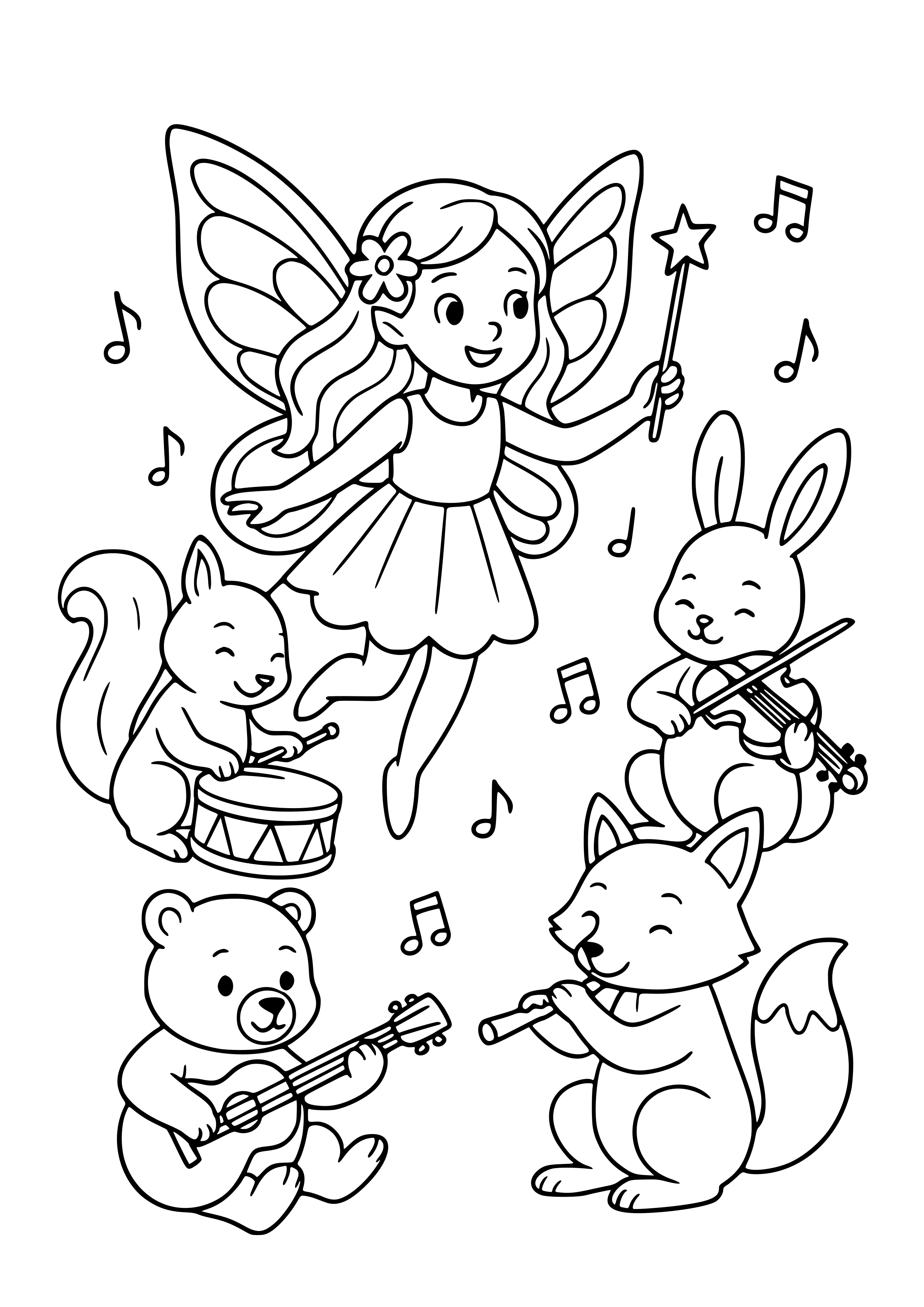 Musical Fairy Leading a Band of Enchanted Animals Coloring Page