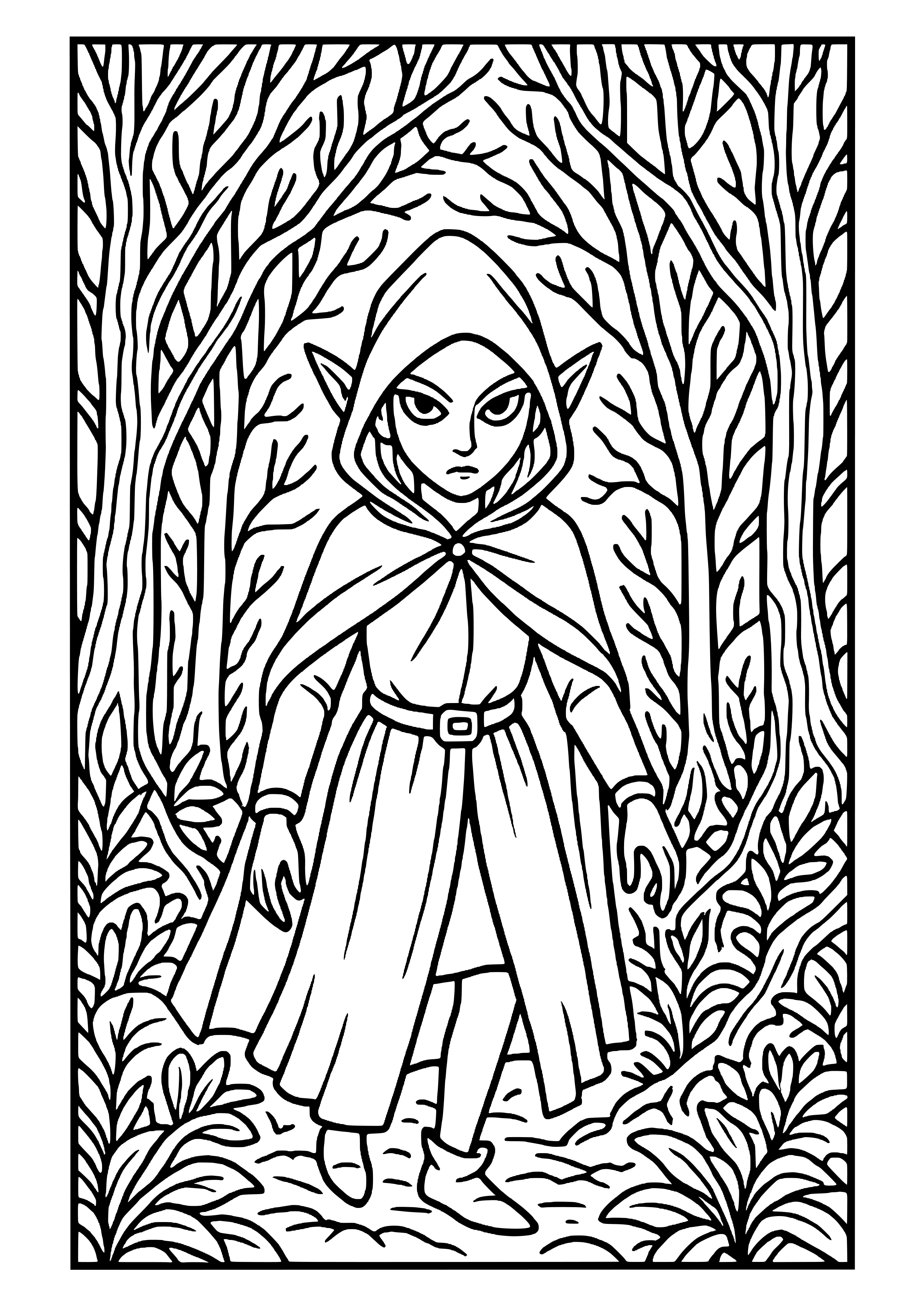 Mysterious Elf in the Dark Forest Coloring Page