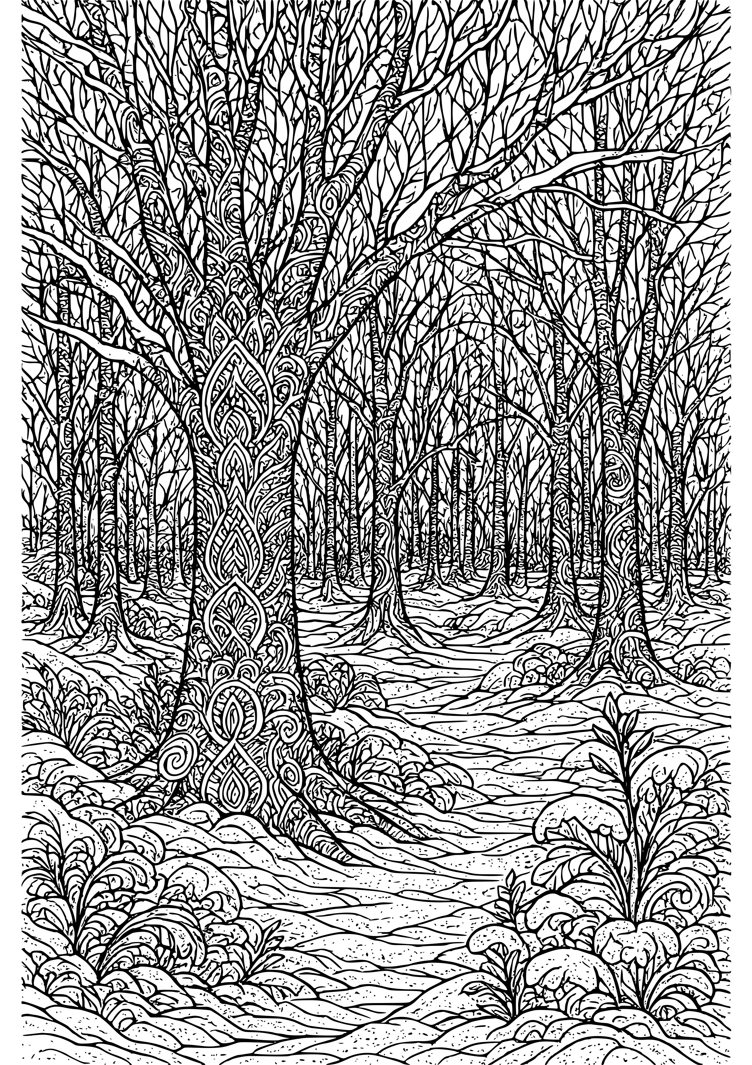 Mysterious Winter Forest with Shadows Coloring Page