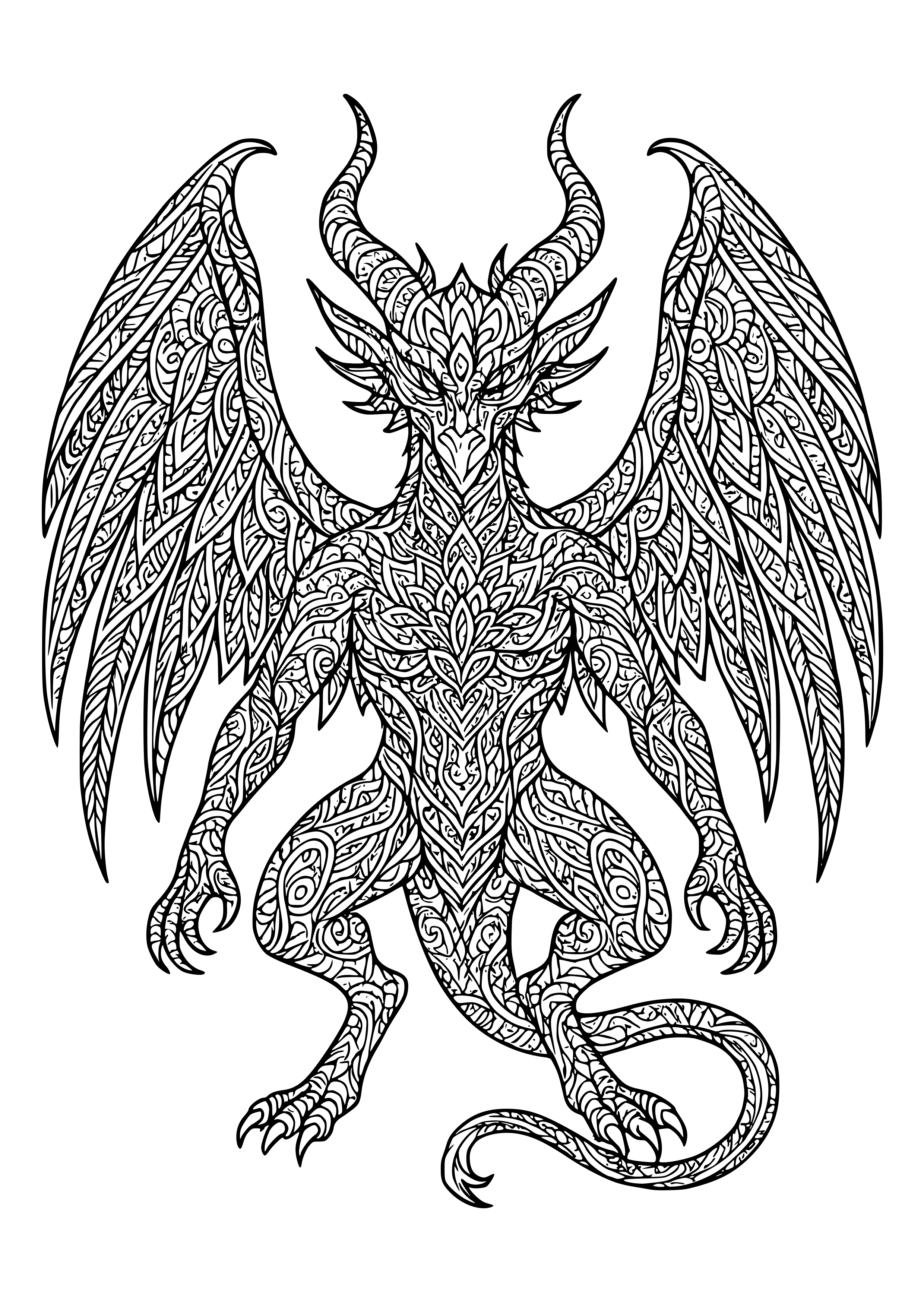 Mythical Creature with Elaborate Wings and Horns Coloring Page