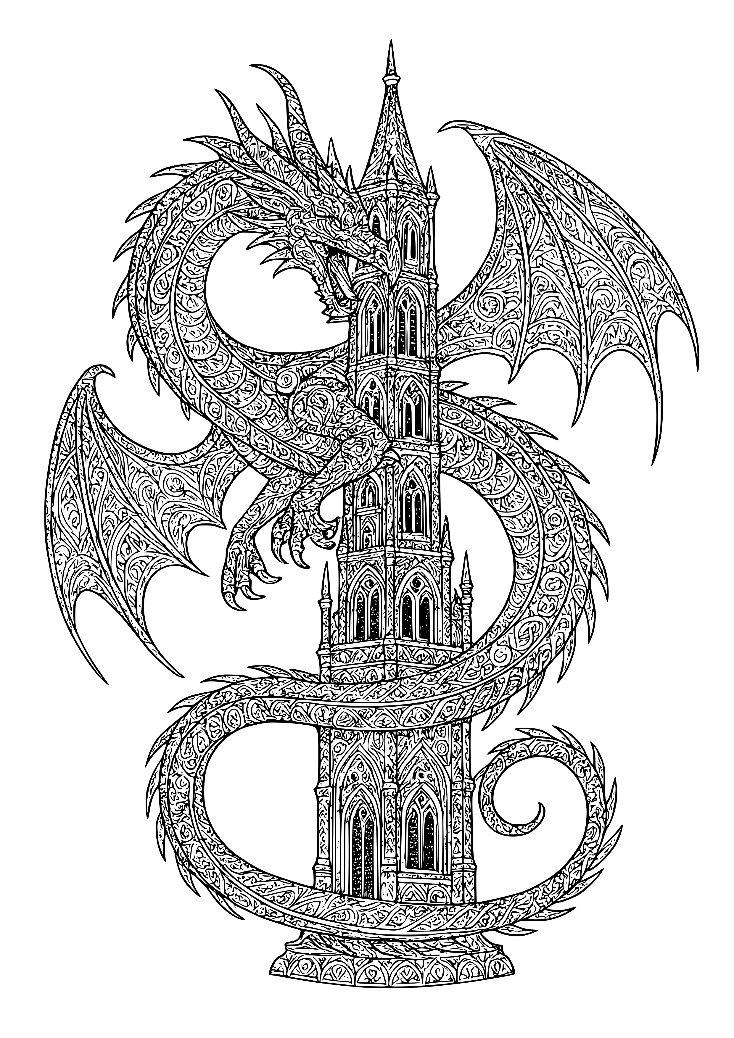Mythical Dragon Coiling Around a Tower Coloring Page