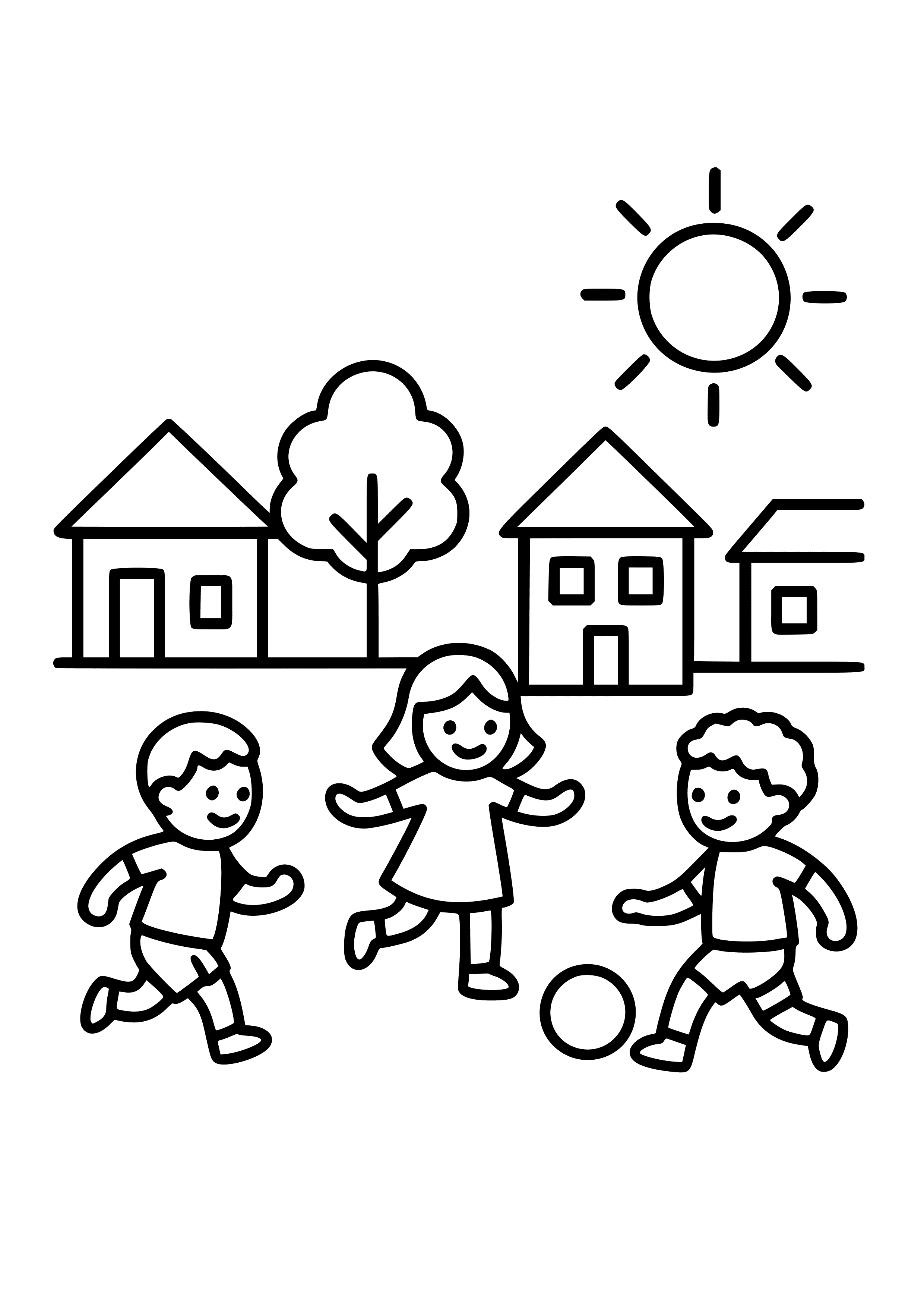 Neighborhood with Children Playing Coloring Page