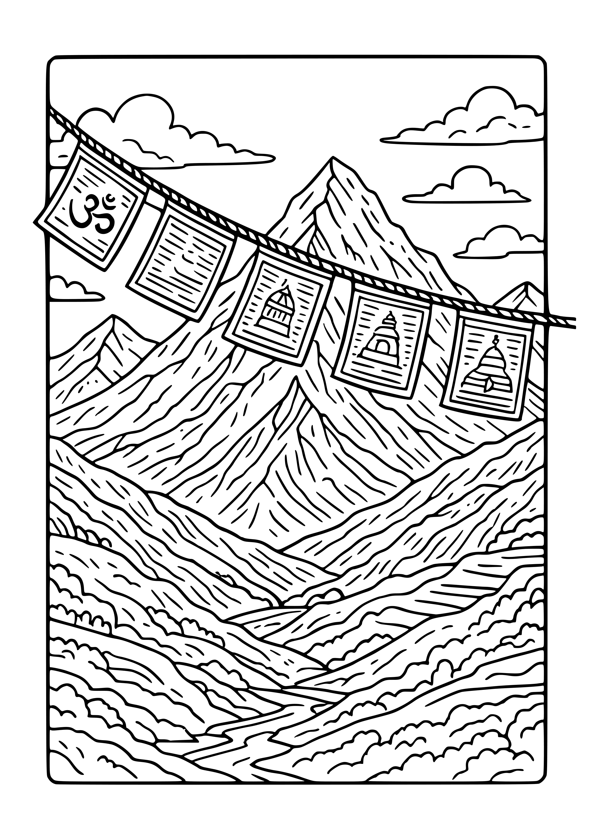Nepalese Mountain Scene with Prayer Flags Coloring Page
