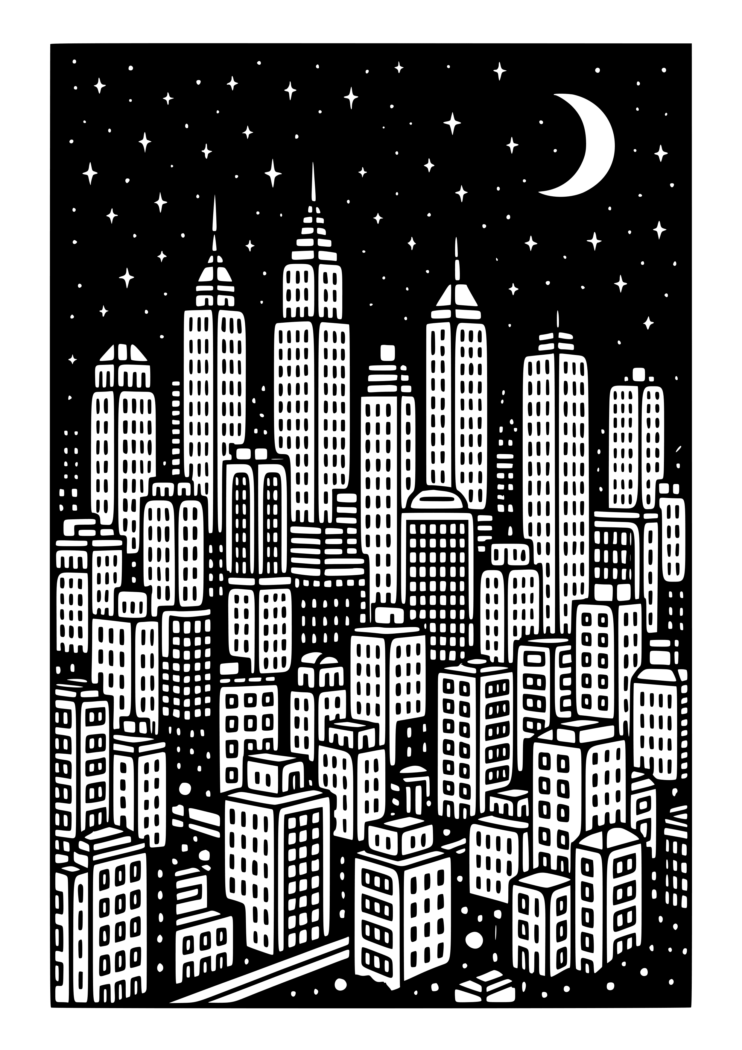 Night City with Glowing Lights Coloring Page