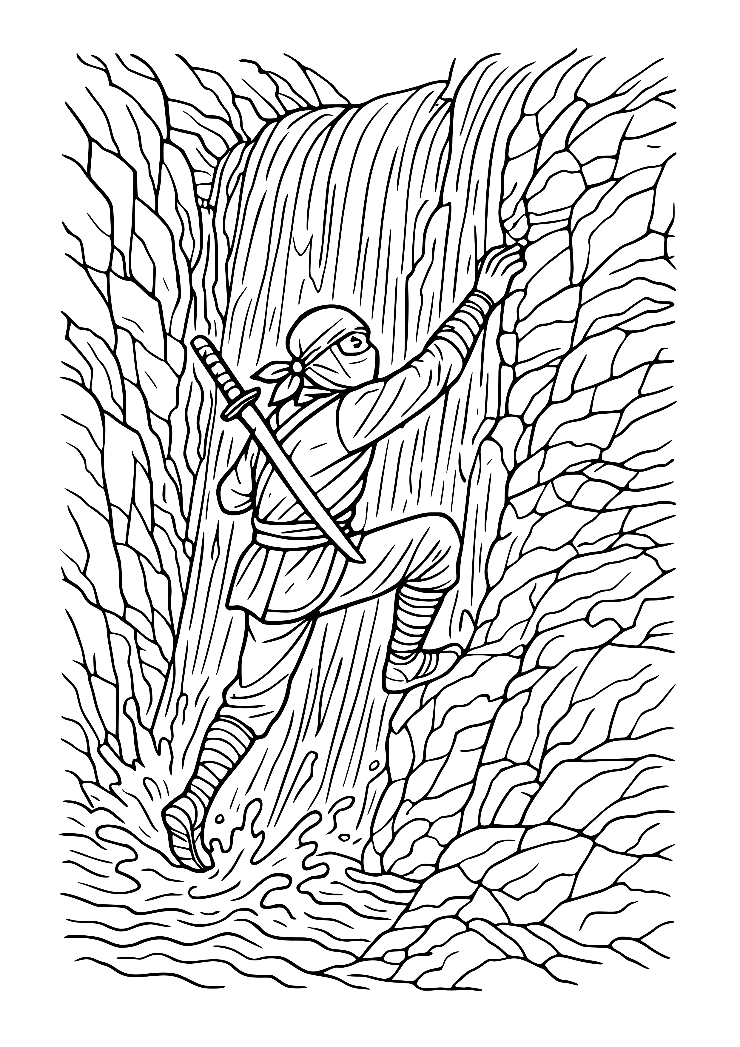 Ninja Climbing a Waterfall Coloring Page