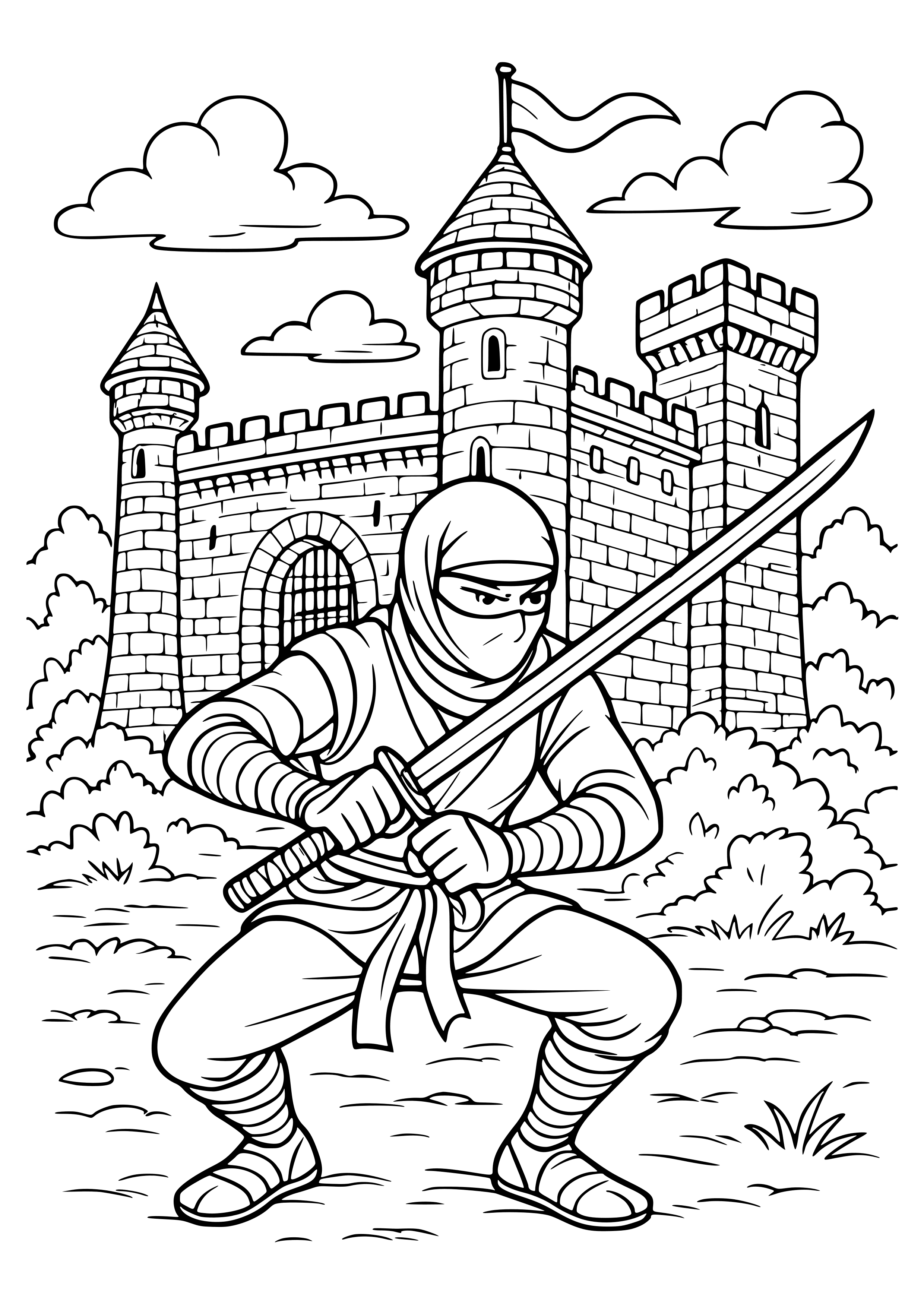 Ninja Defending a Castle Coloring Page