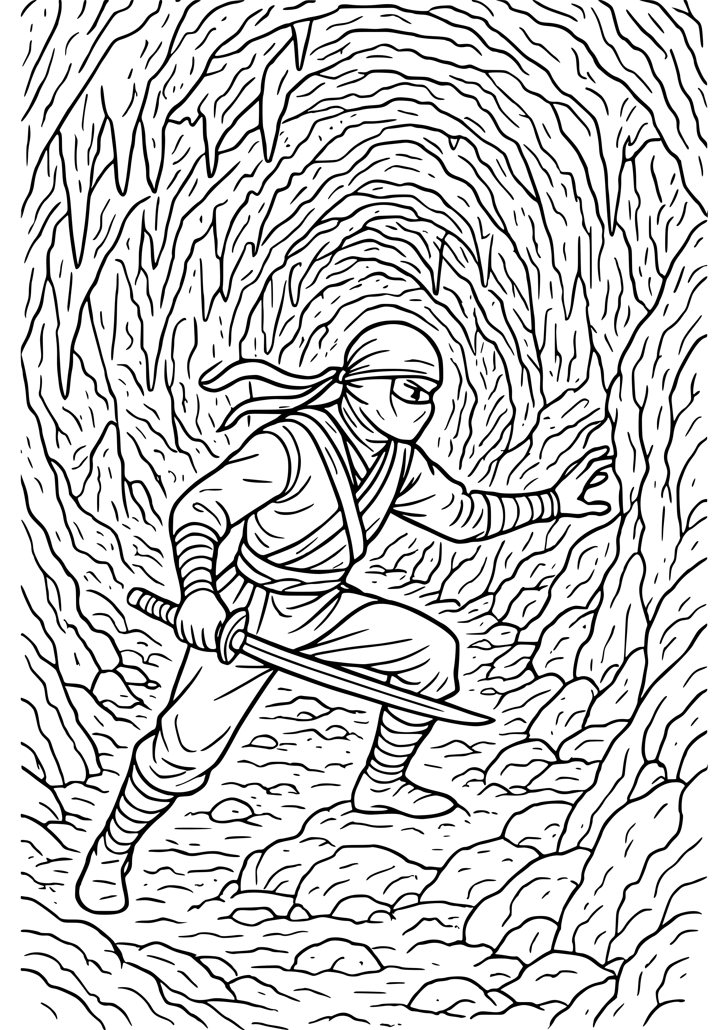 Ninja Exploring a Cave Coloring Page