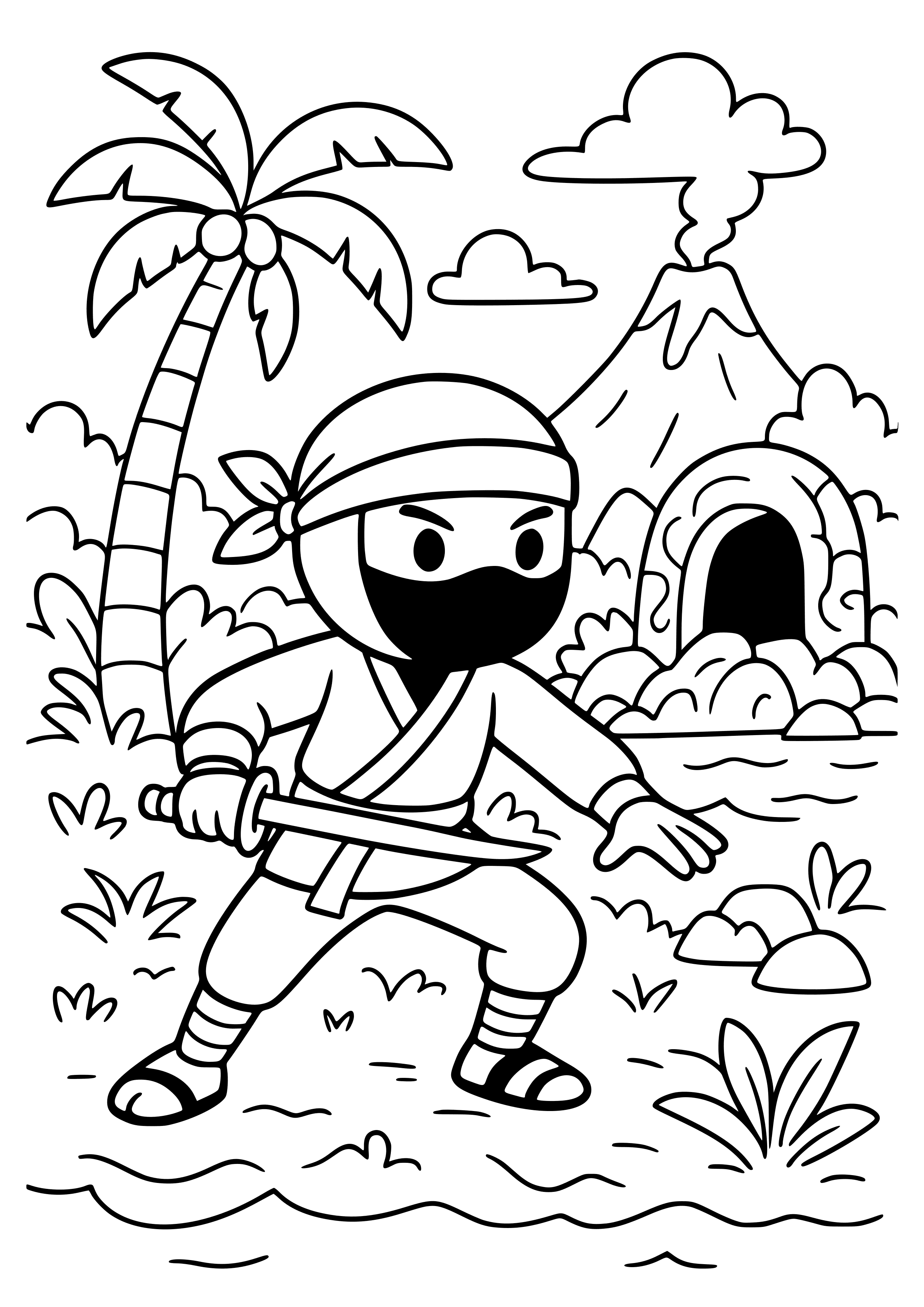 Ninja Exploring a Mystical Island Coloring Page