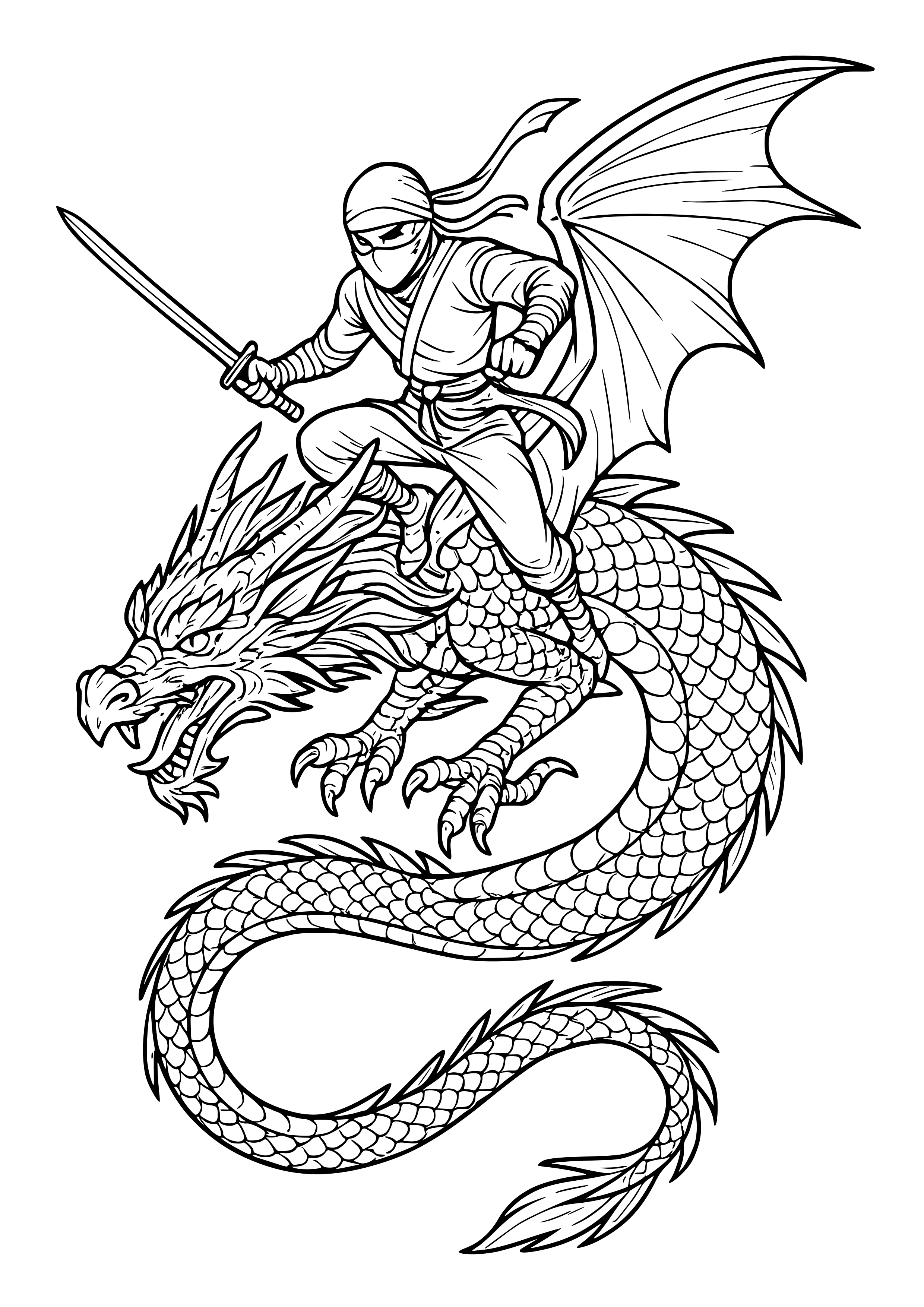 Ninja Flying on a Dragon Coloring Page