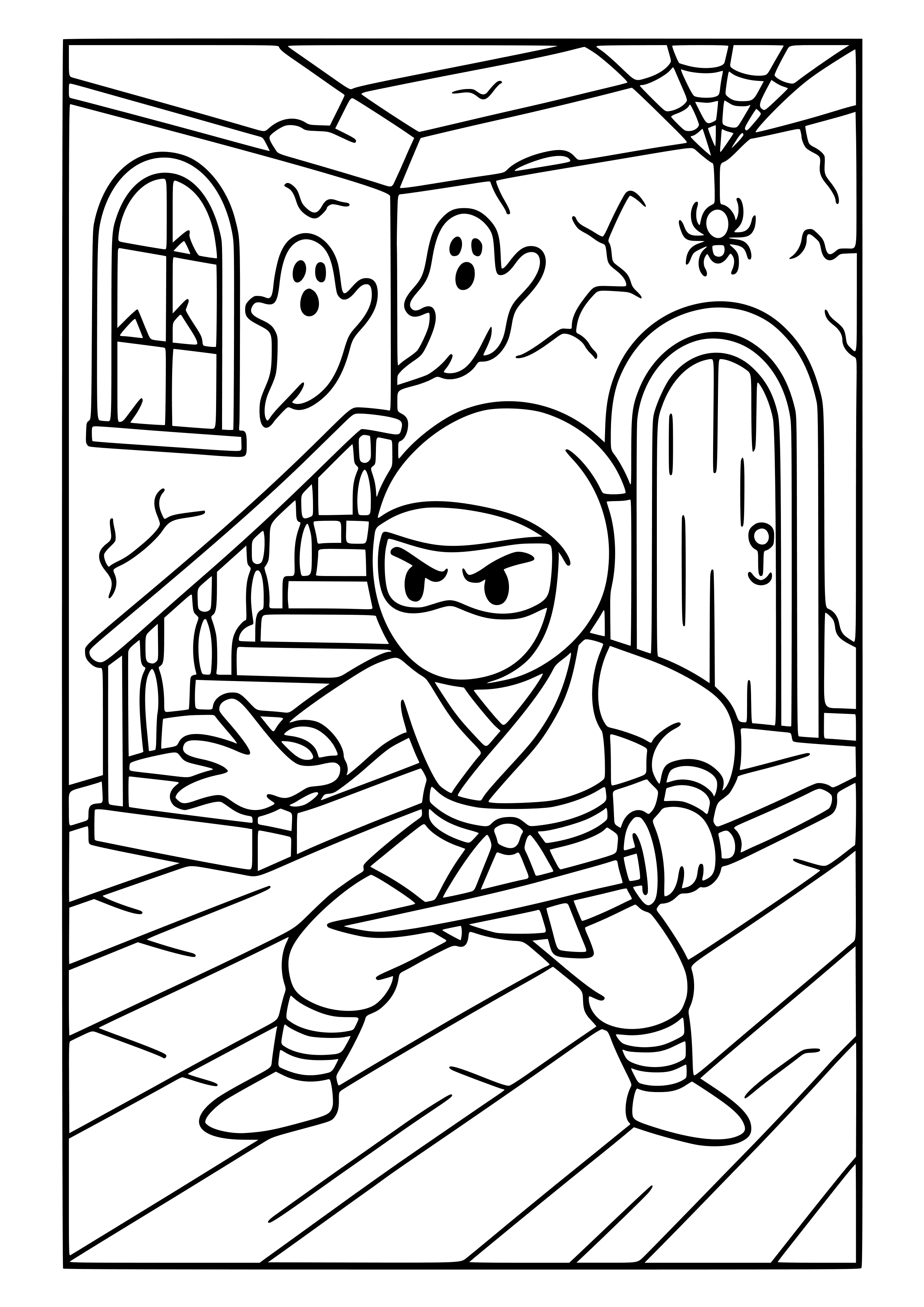 Ninja in a Haunted House Coloring Page