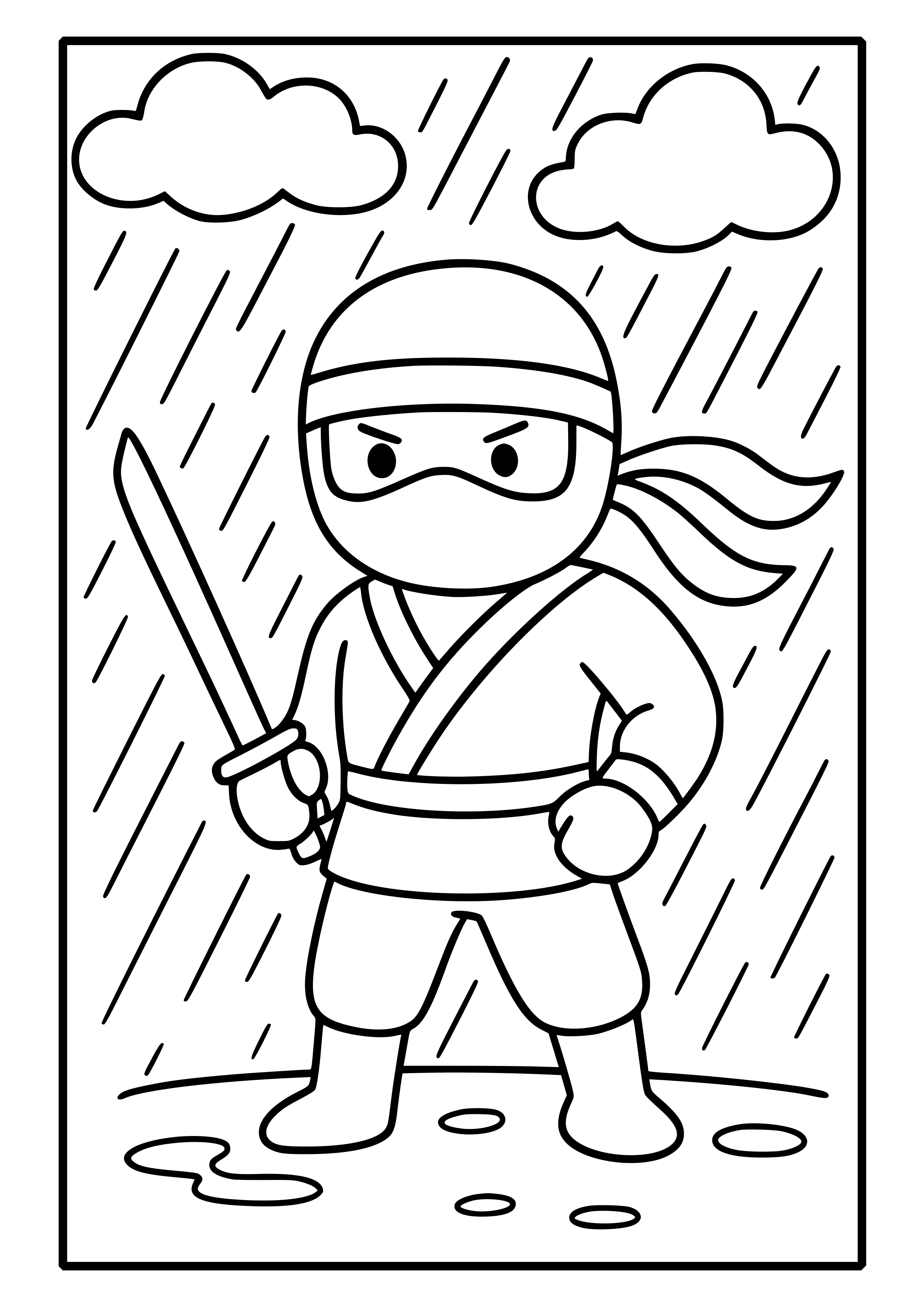 Ninja in a Rainstorm Coloring Page