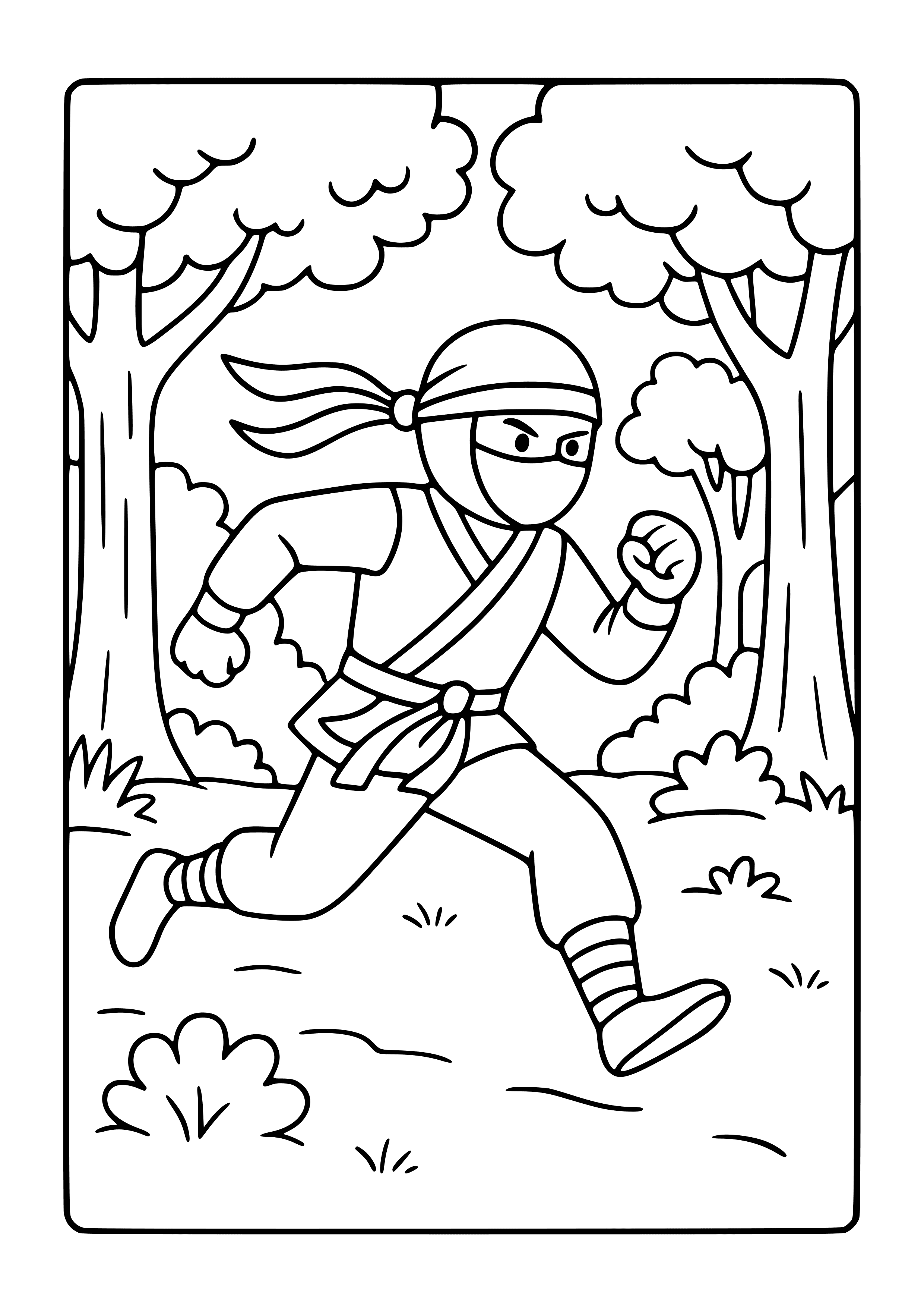 Ninja Running Through a Forest Coloring Page