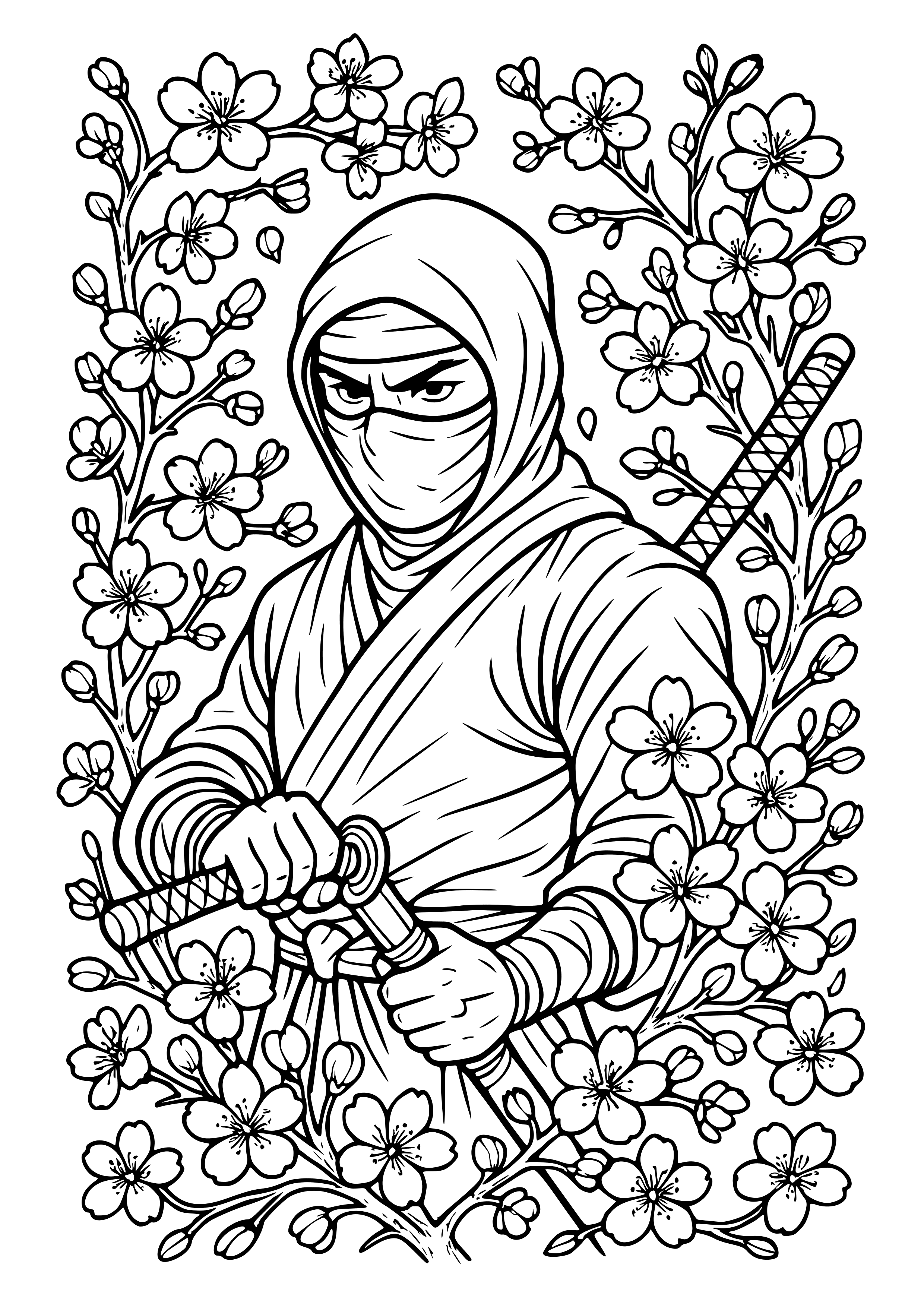 Ninja Surrounded by Cherry Blossoms Coloring Page