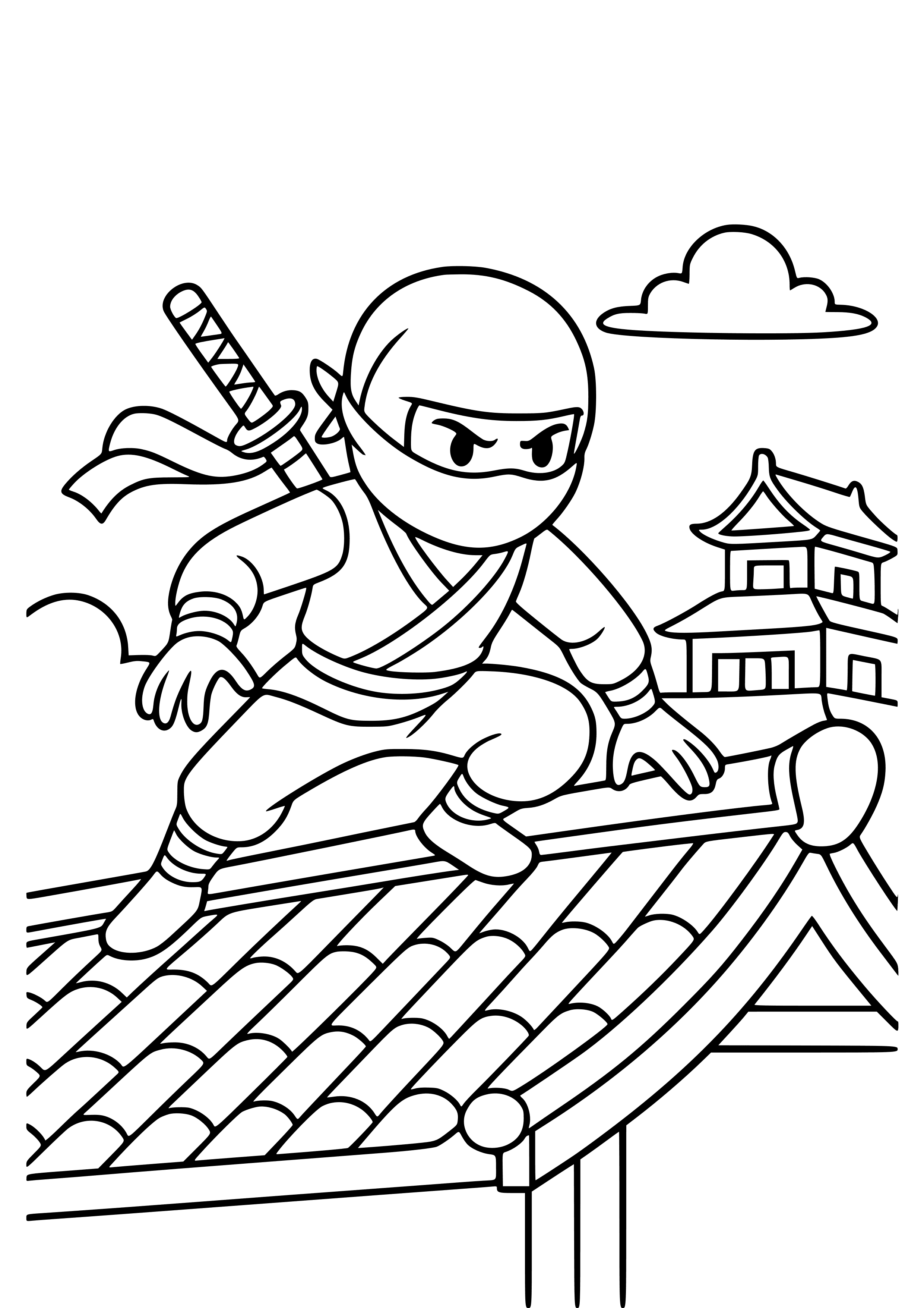 Ninja Warrior on a Rooftop Coloring Page