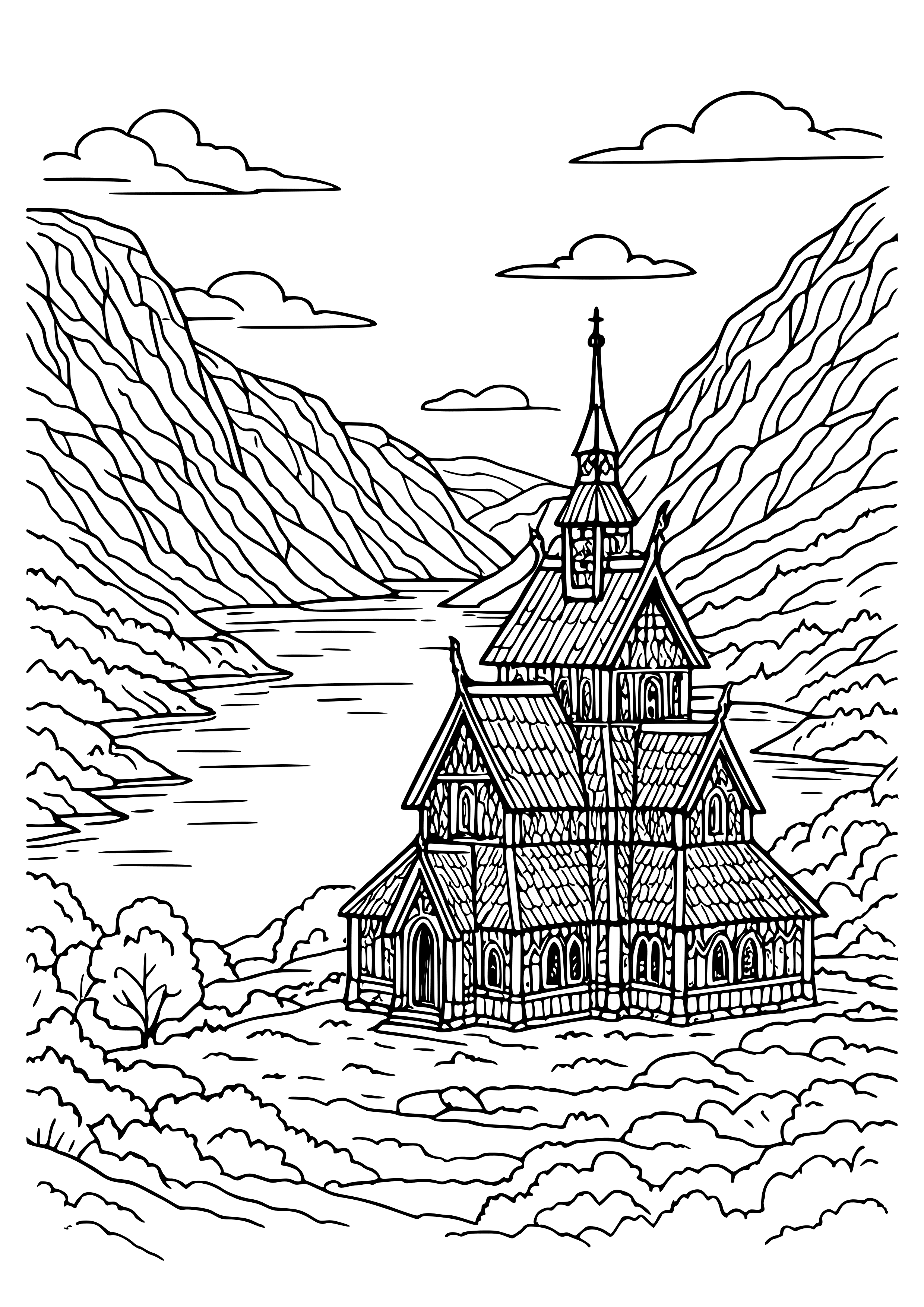 Norwegian Fjord with a Traditional Stave Church Coloring Page