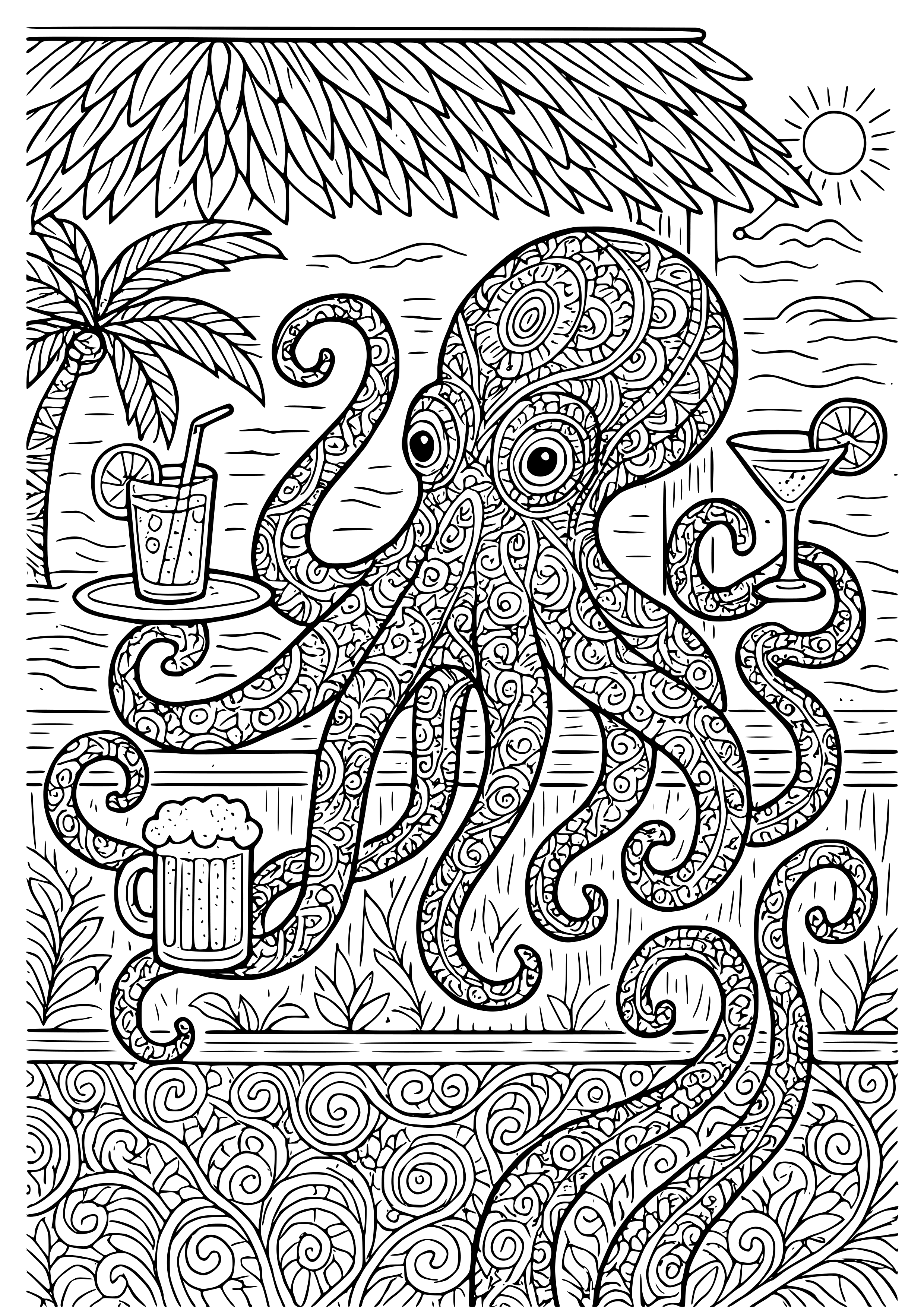 Octopus Serving Drinks at a Beach Bar Coloring Page