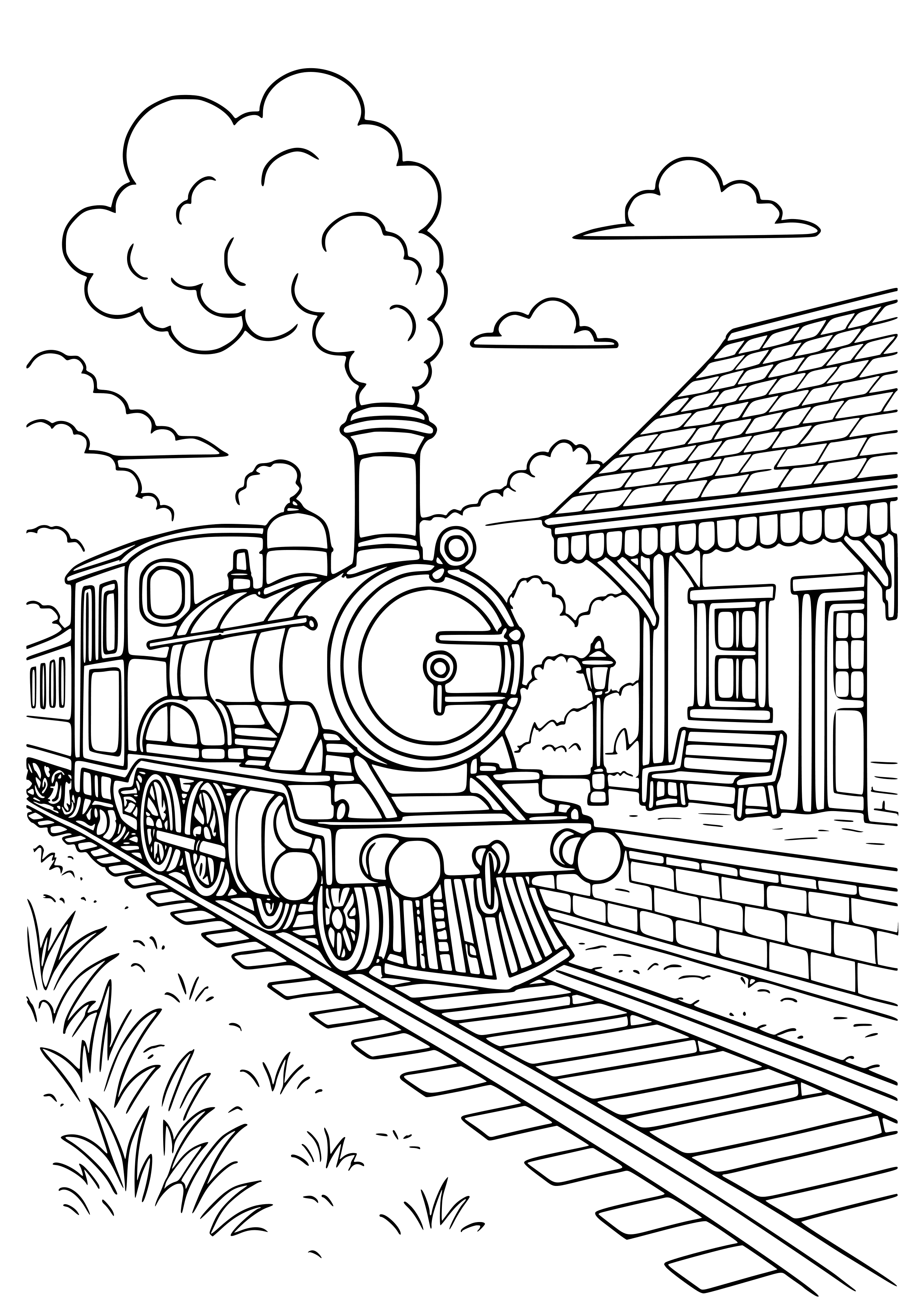 Old Steam Train at a Rural Station Coloring Page