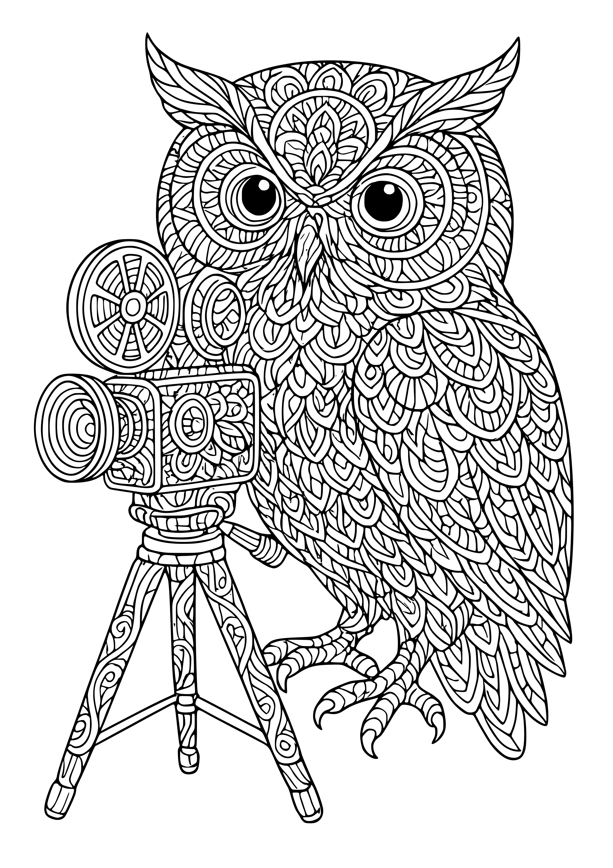 Owl Operating a Vintage Camera Coloring Page