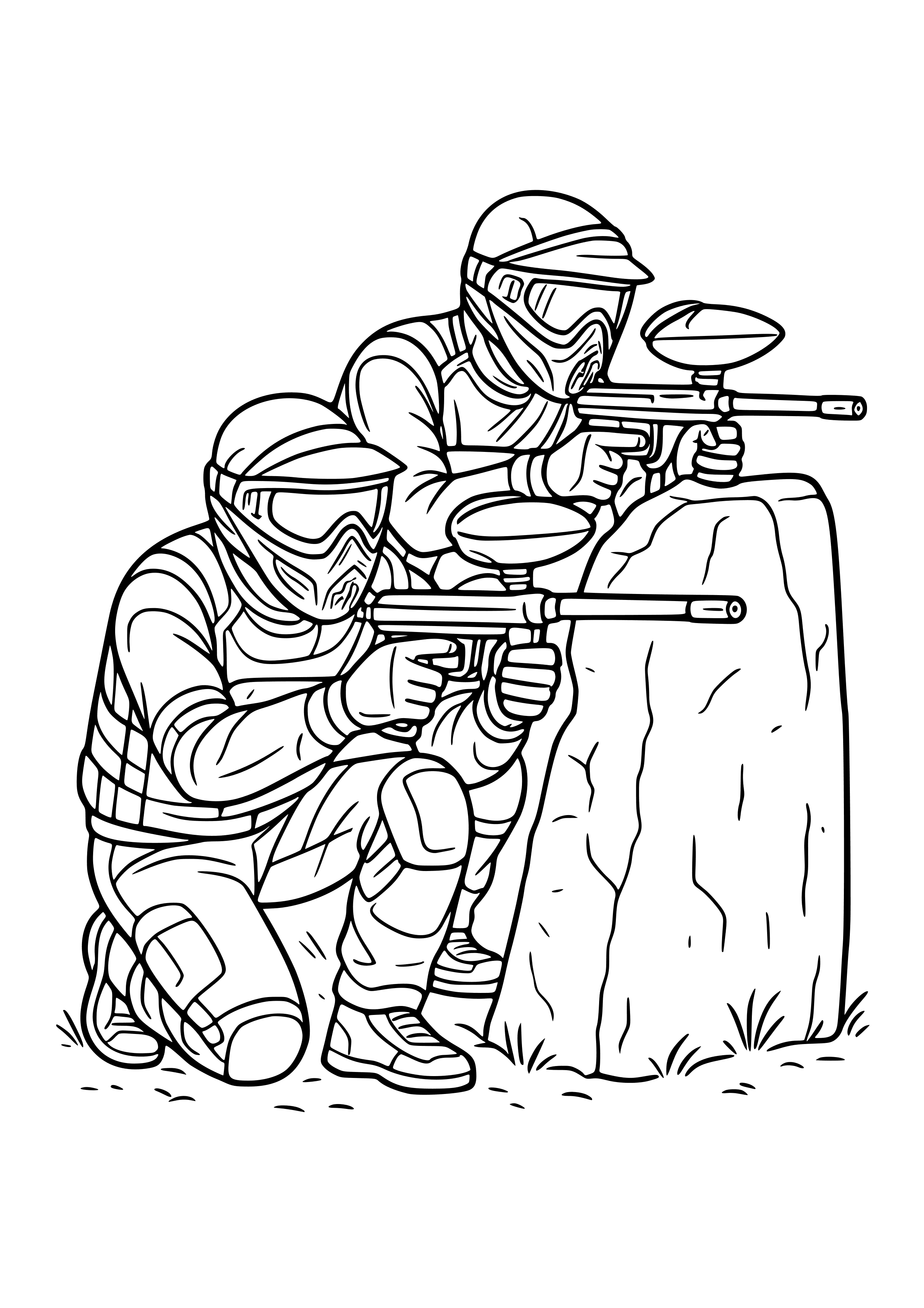 Paintball Players Hiding Behind Cover Coloring Page